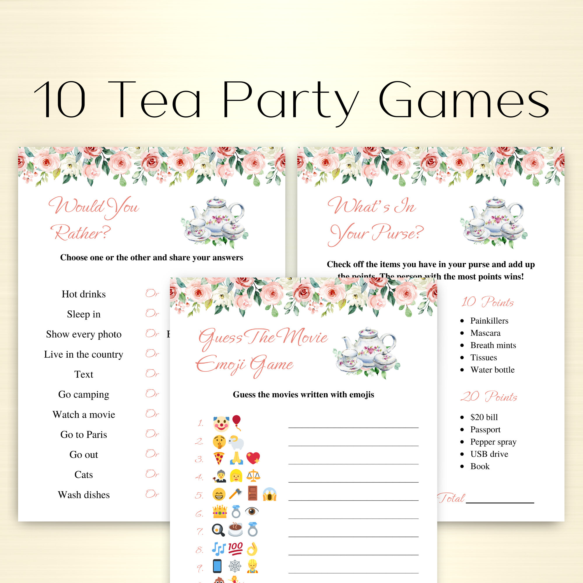 10 Printable Tea Party Games: Floral Theme Birthday Games, Tea in Free Printable Tea Party Games For Adults