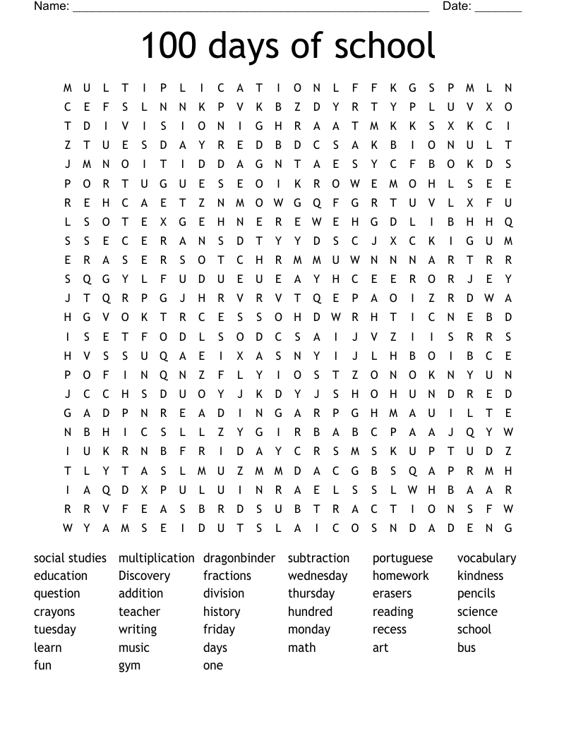 100 Days Of School Word Search - Wordmint in 100 Word Word Search Printable