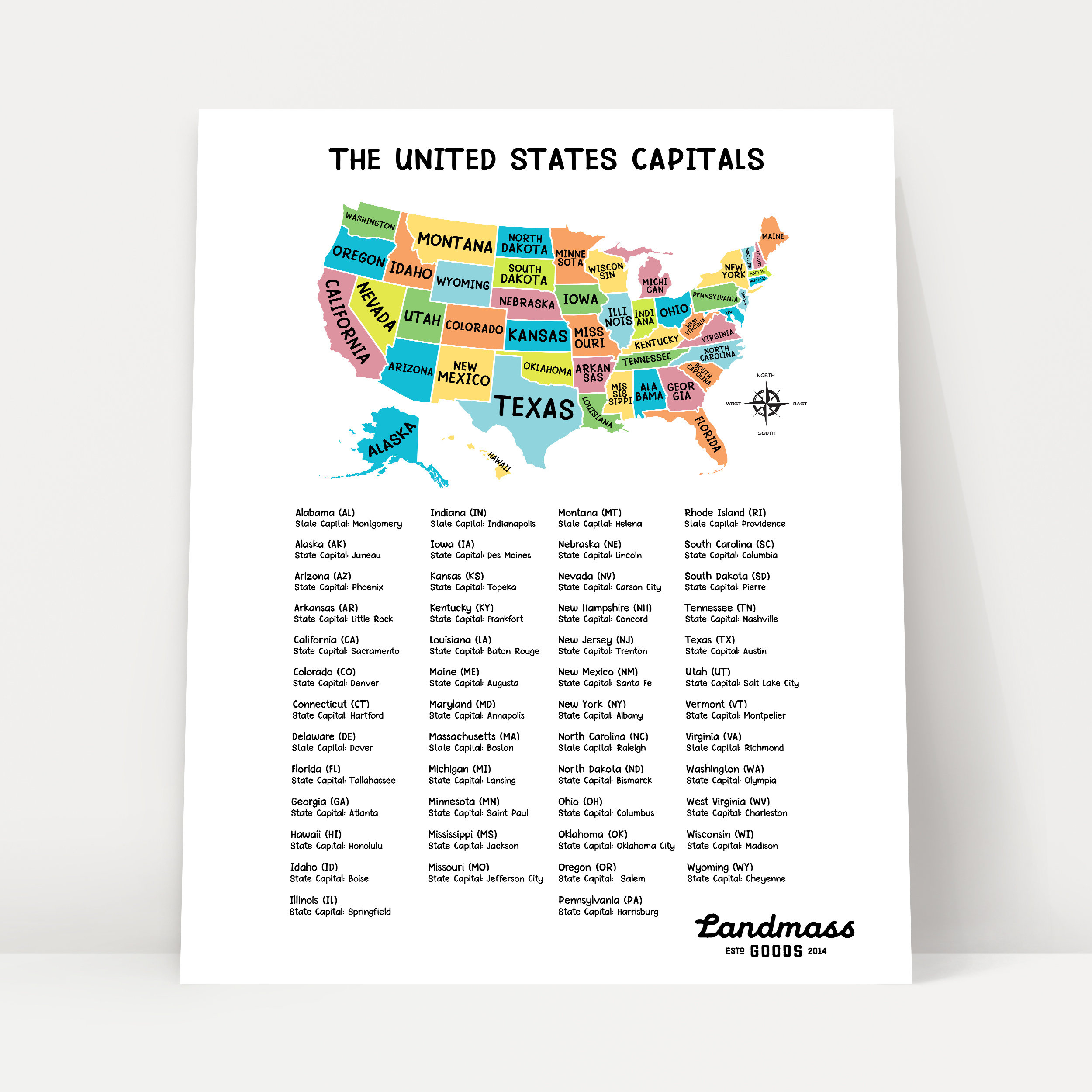18X24” United States Map With Capitals For Kids - Educational throughout USA Map with States and Capitals Printable