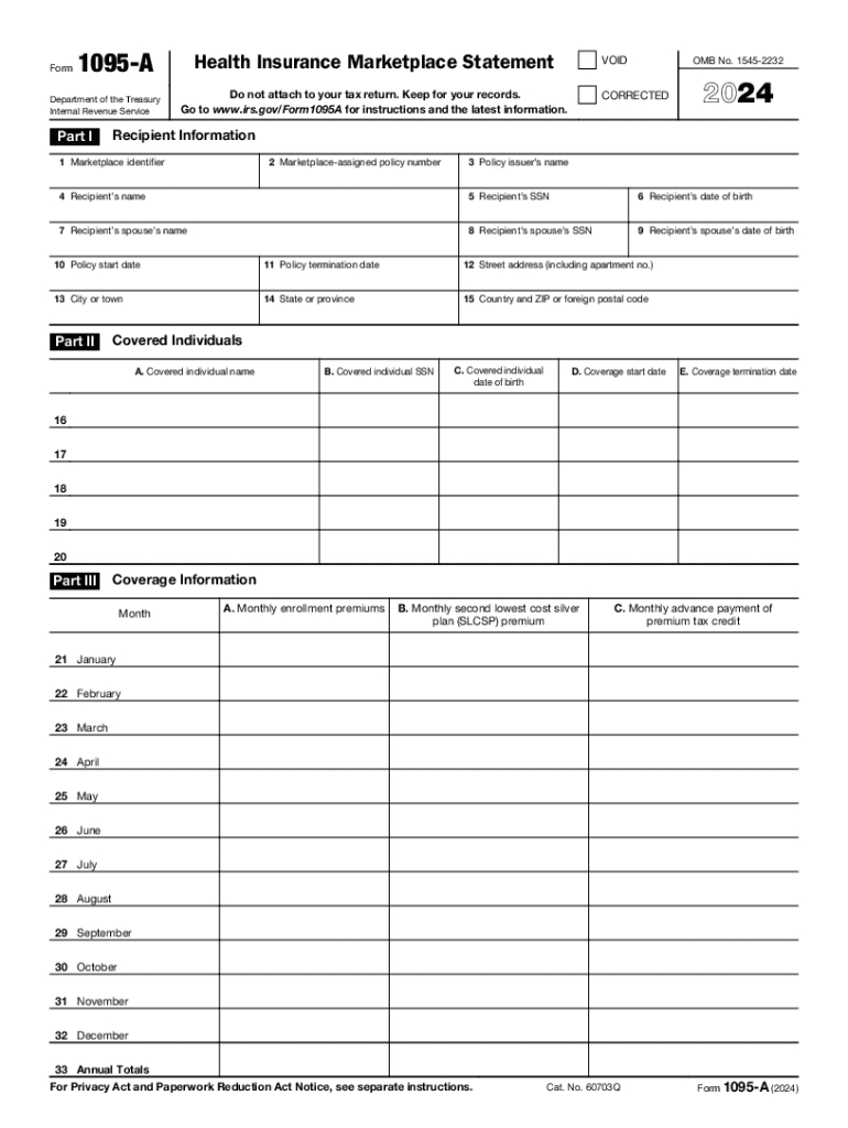 2024 Form Irs 1095-A Fill Online, Printable, Fillable, Blank throughout Marketplace Insurance Form 1095 a Printable