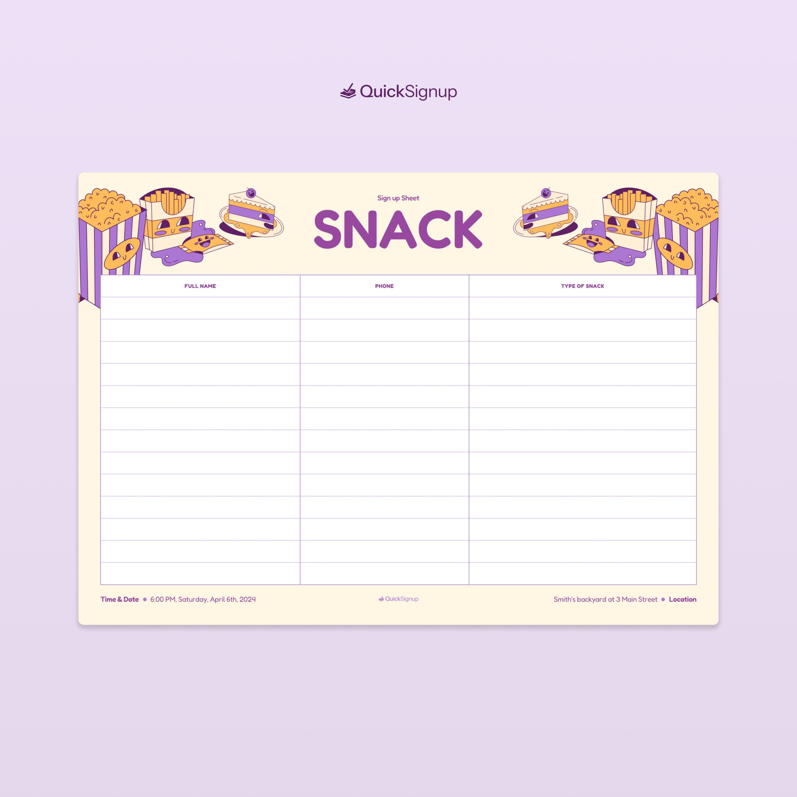 3 Snack Sign Up Sheet Templates [Online + Printables] regarding Free Printable Snack Sign Up Sheet