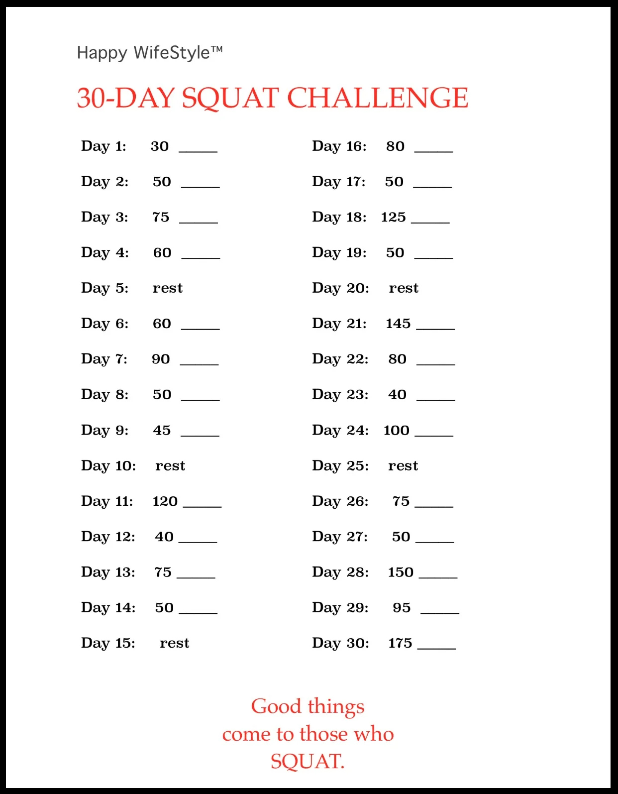 30 Day Squat Challenge — Happy Wifestyle™ regarding 30 Day Squat Challenge Printable