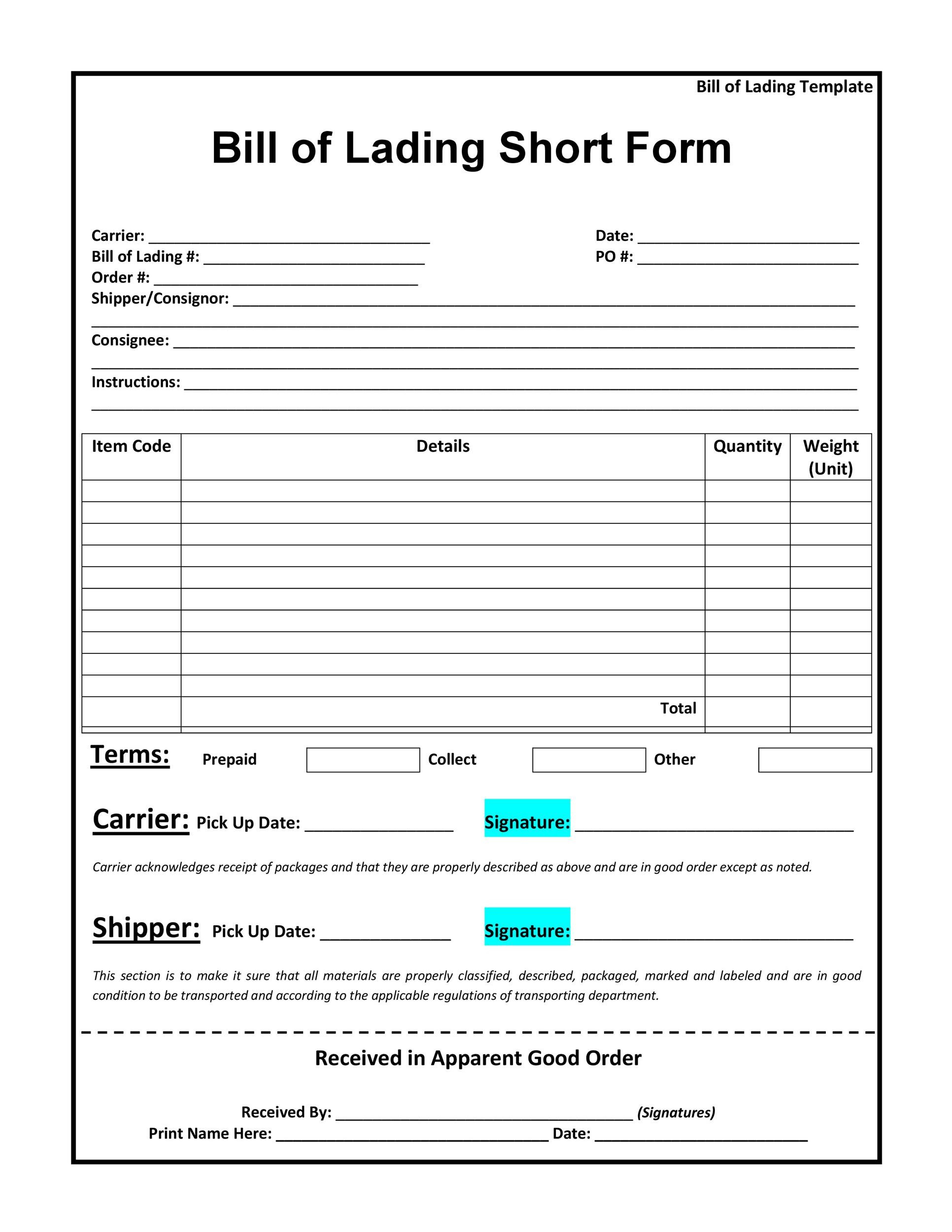 40 Free Bill Of Lading Forms & Templates ᐅ Templatelab regarding Printable Bill Of Lading Form