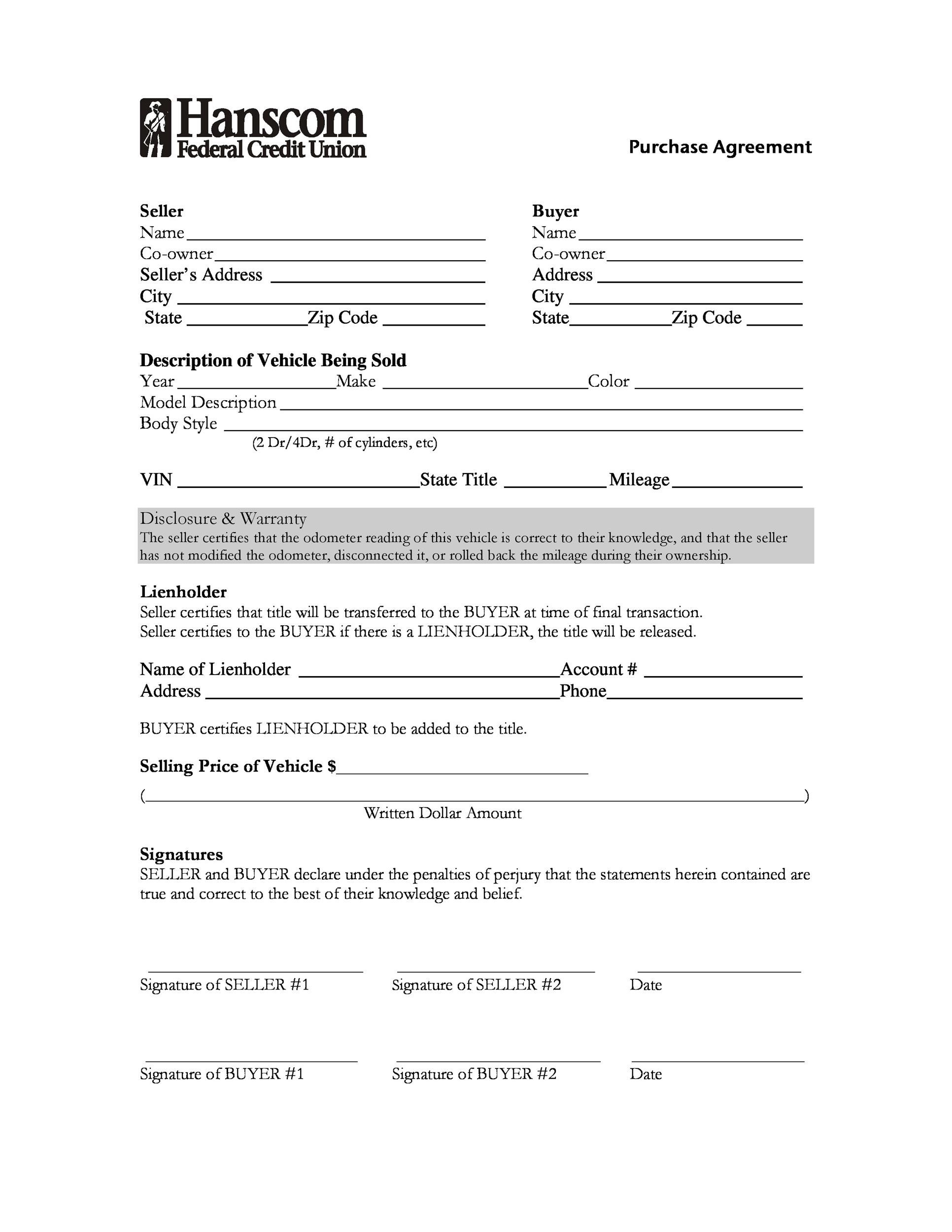 42 Printable Vehicle Purchase Agreement Templates [Word, Pdf] in Free Printable Car Purchase Agreement Template