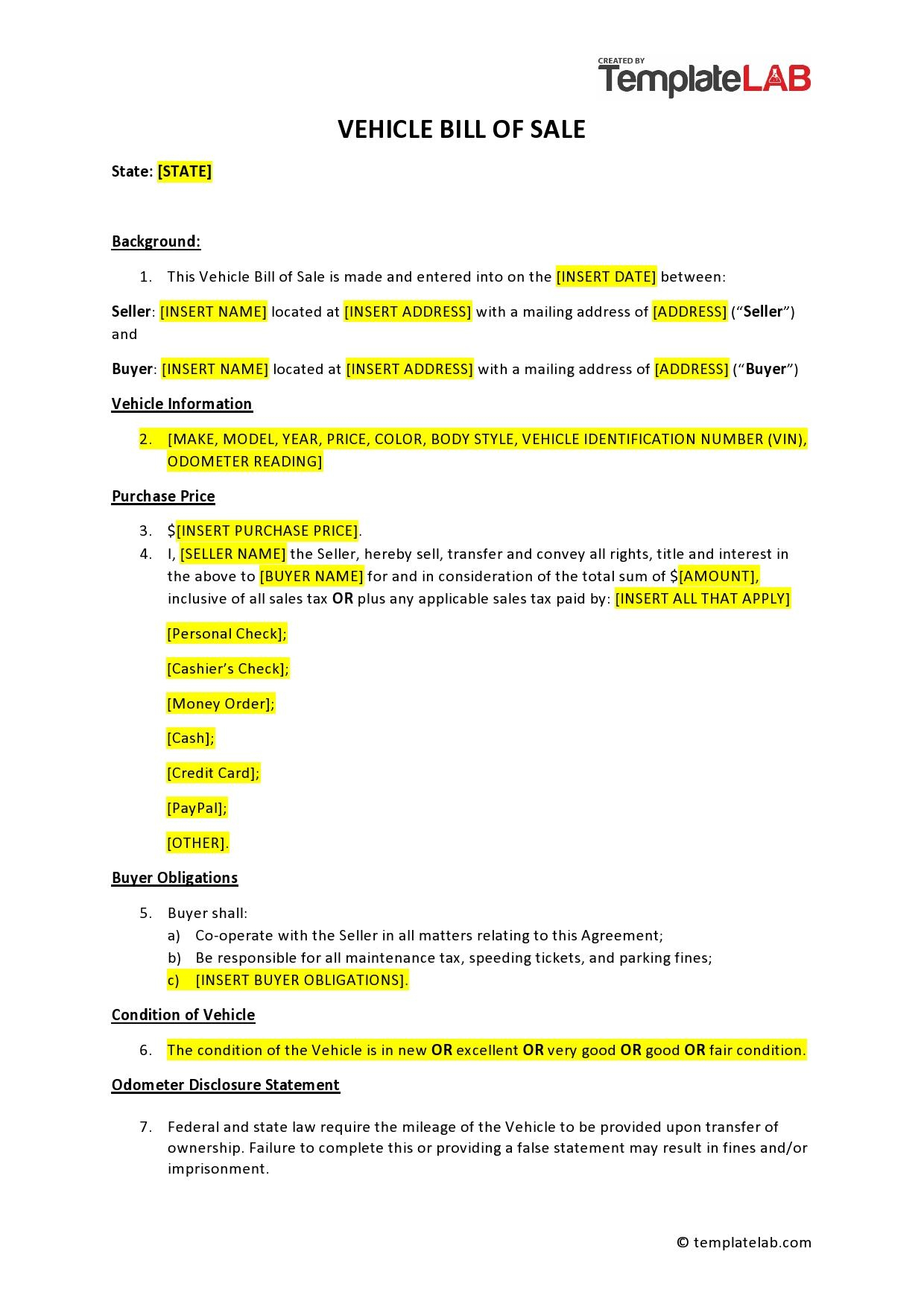 42 Printable Vehicle Purchase Agreement Templates [Word, Pdf] in Free Printable Car Purchase Agreement Template