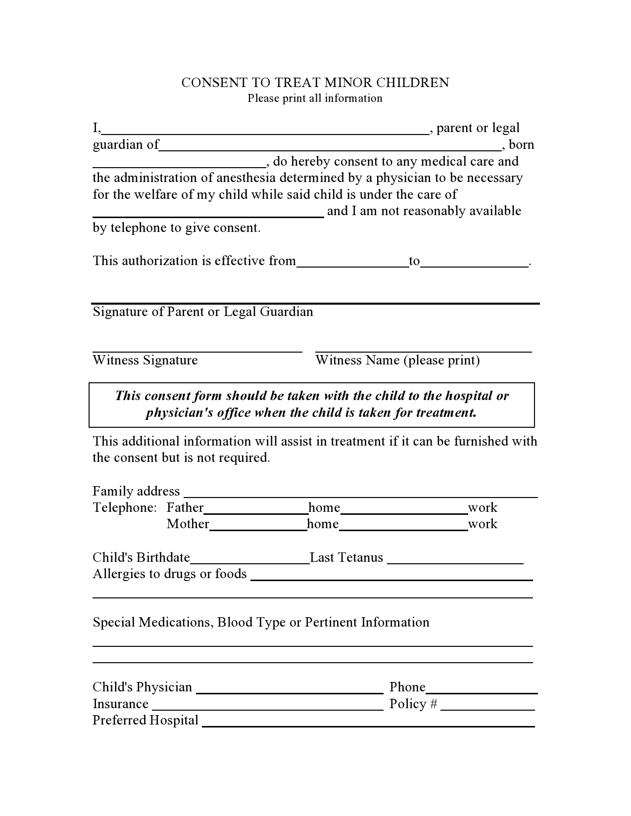 43 Printable Medical Consent Forms For Minor (Free) throughout Printable Medical Consent Form For Minor