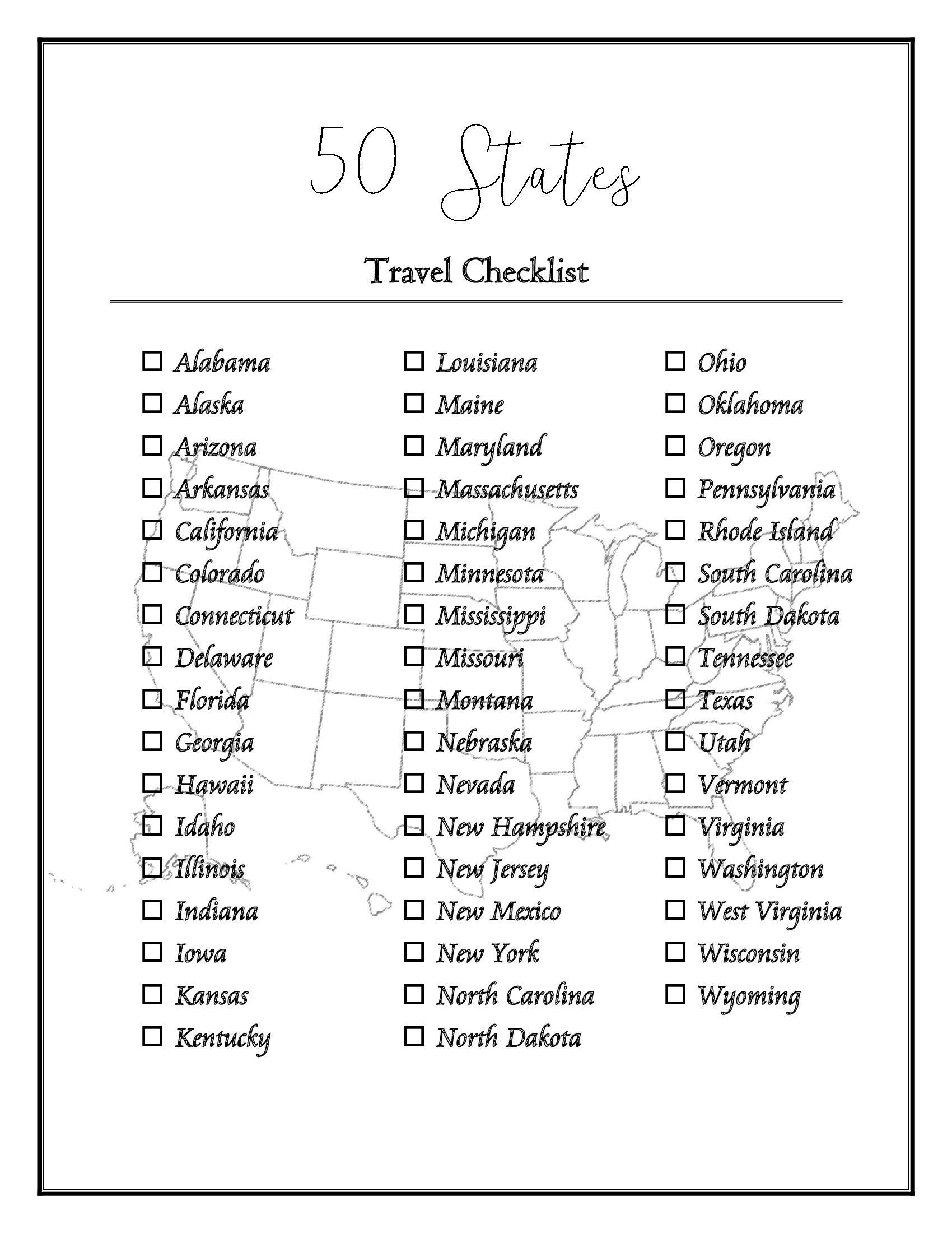 50 Us States Checklist - Etsy for Printable List Of States In Usa