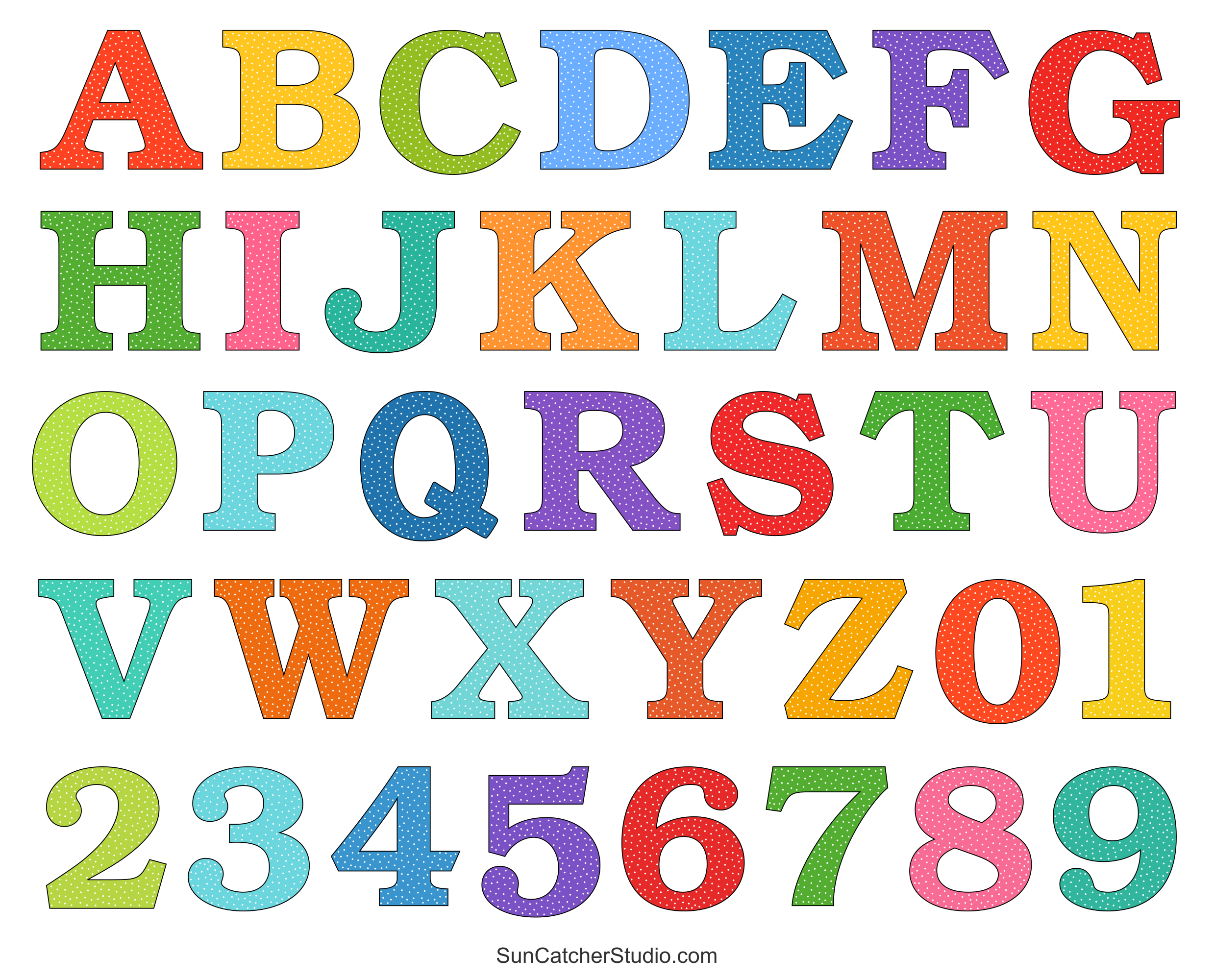 Alphabet Letters And Numbers With A Colorful Polka Dot Design intended for Large Printable Alphabet Letters Free