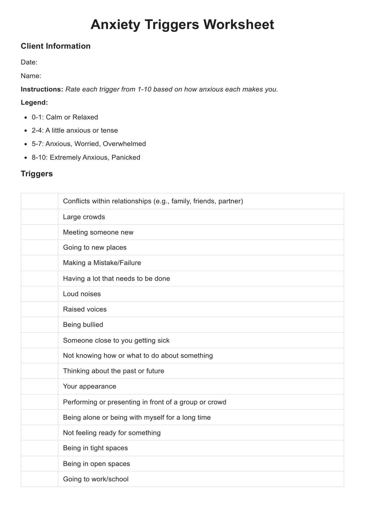 Anxiety Triggers Worksheet pertaining to Free Printable Identifying Triggers Worksheets