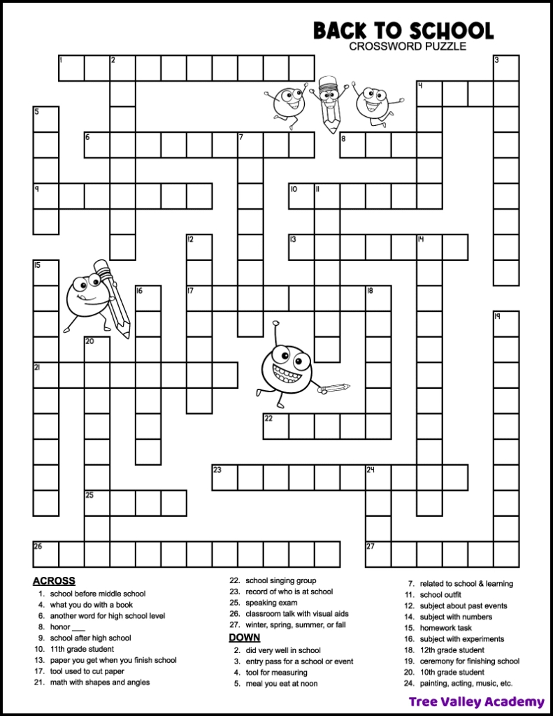 Back To School Crossword Middle School - Tree Valley Academy for Free Printable Crossword Puzzles with Answers
