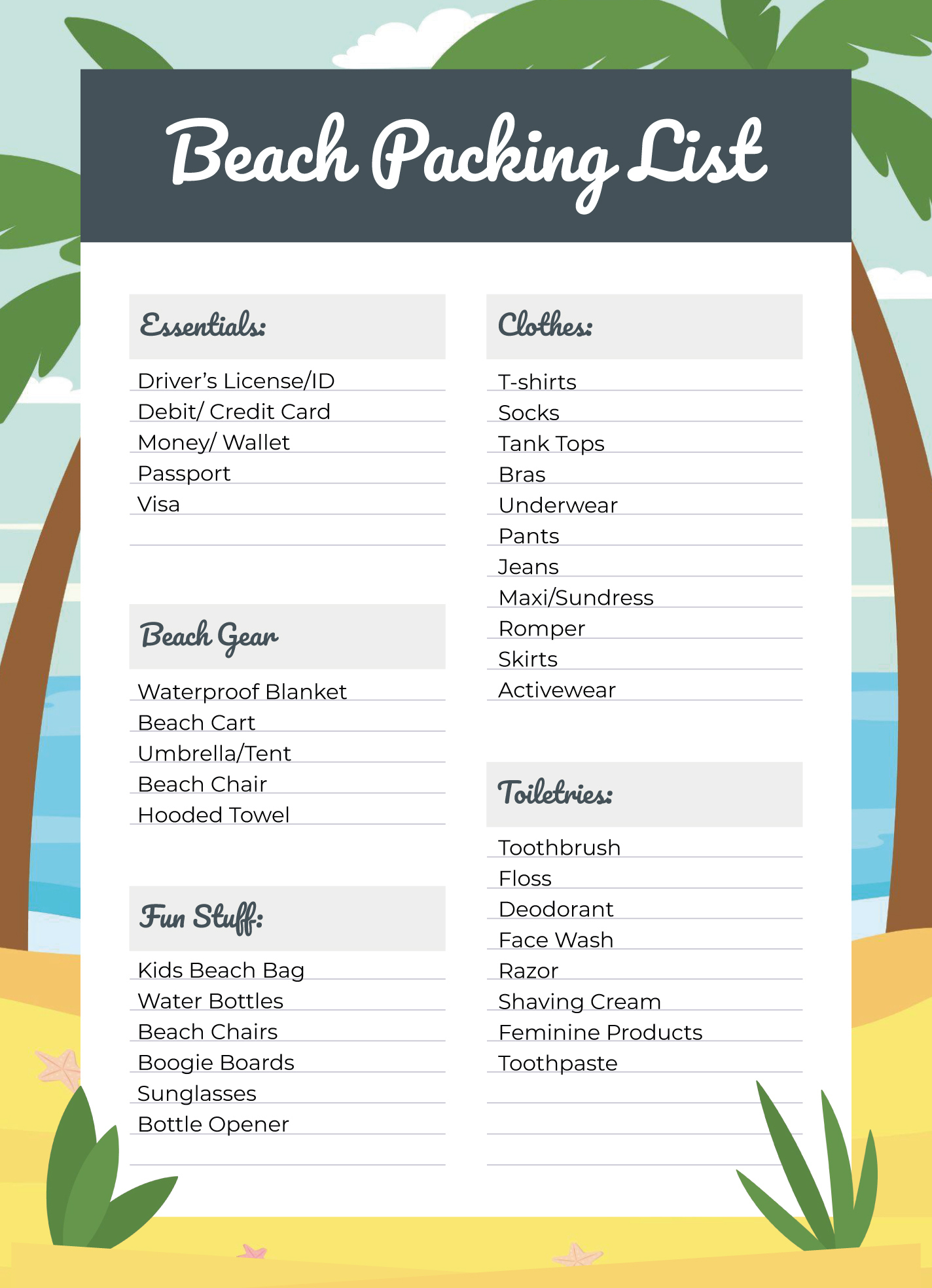 Beach Packing List Free Google Docs Template - Gdoc.io inside Printable Beach Trip Packing List