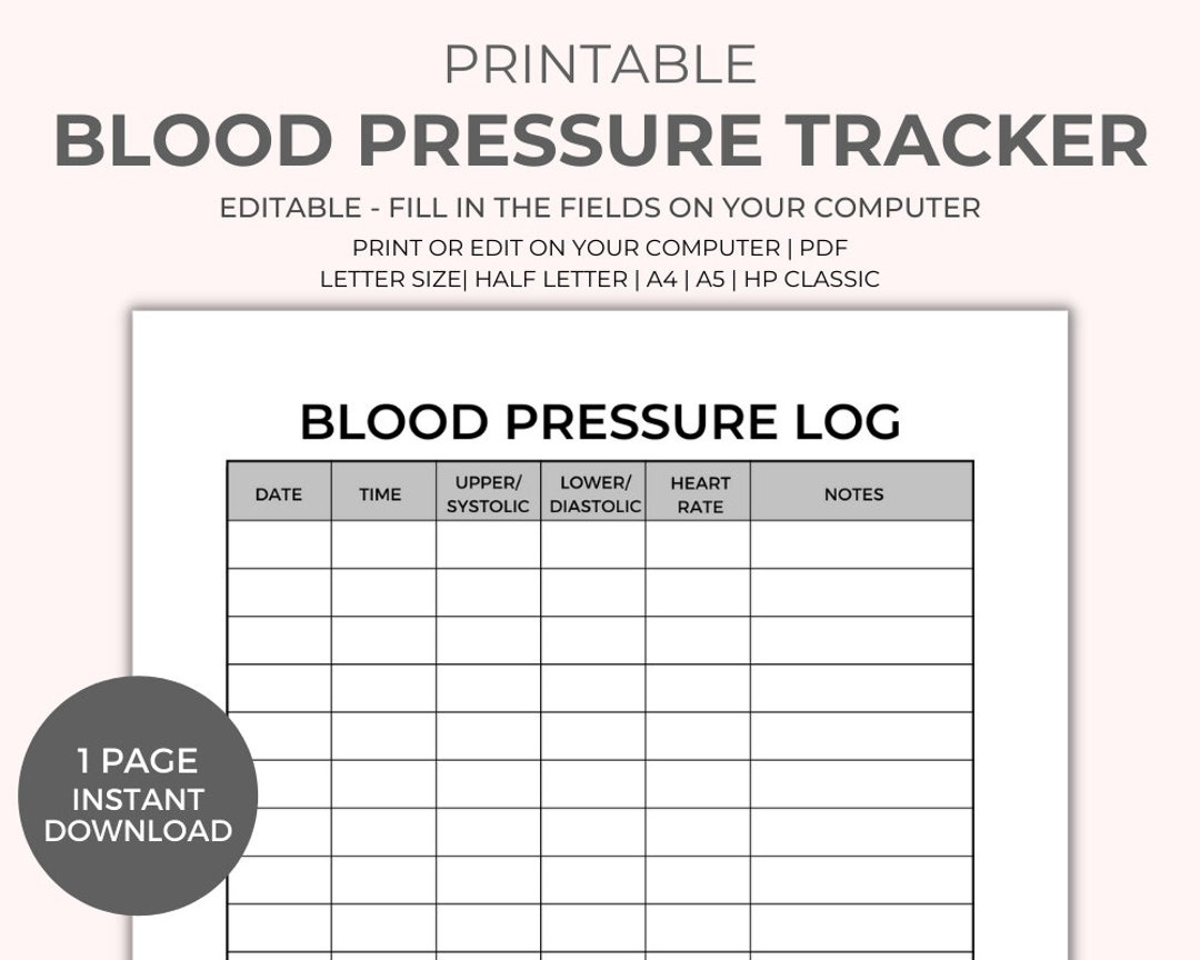 Blood Pressure Chart Printable - Instant Download, Medical Tracker throughout Bp Monitoring Free Printable Printable Blood Pressure Chart