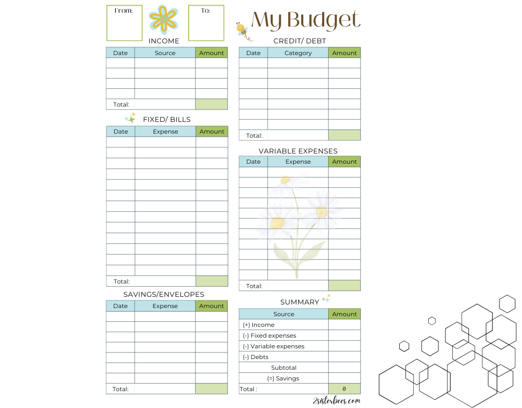 Budget Sheet - 2 Sister Bees'S Ko-Fi Shop for 2 Sister Bees Free Printables