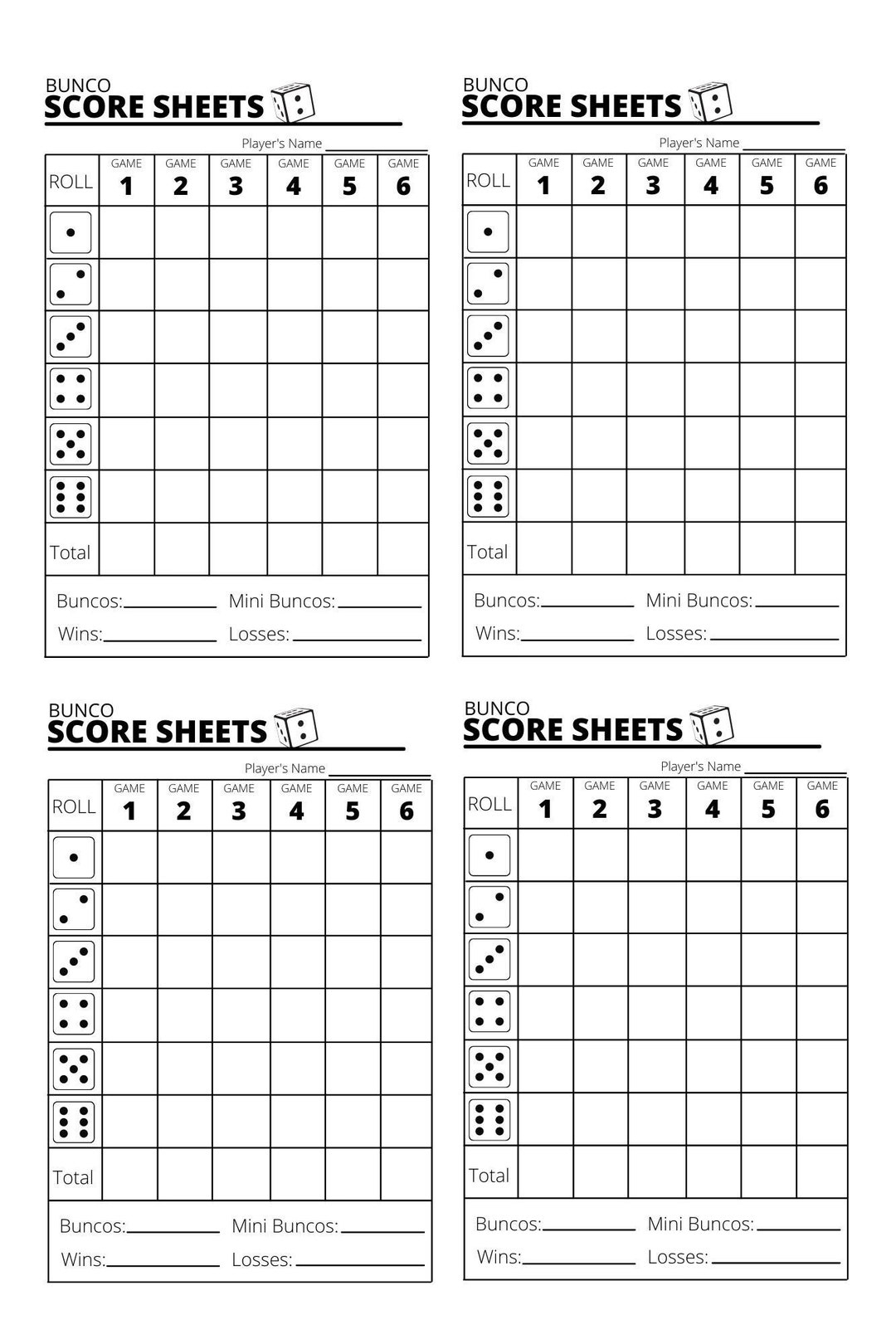 Bunco Score Sheets X4 - Bunco Score Sheets - Printable Pdf - Etsy within Bunco Score Sheets Free Printable
