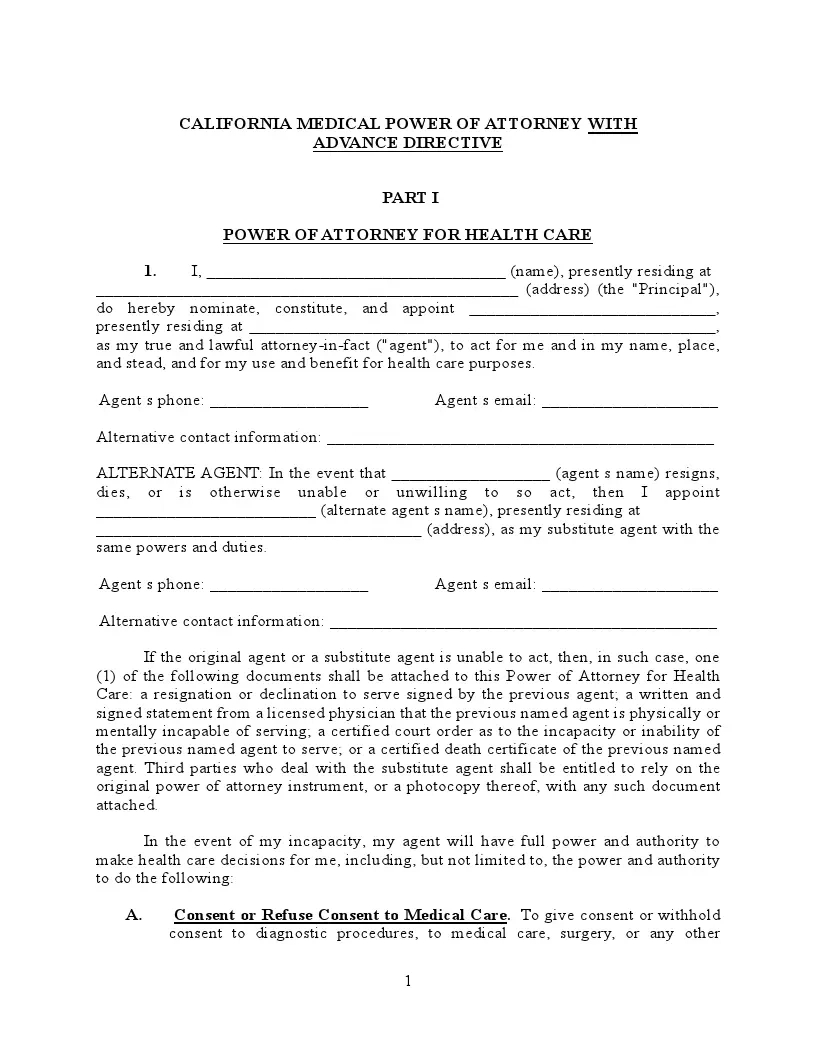 California Medical Power Of Attorney Form | Ca Health Care Poa with regard to Free Printable Medical Power of Attorney Form California