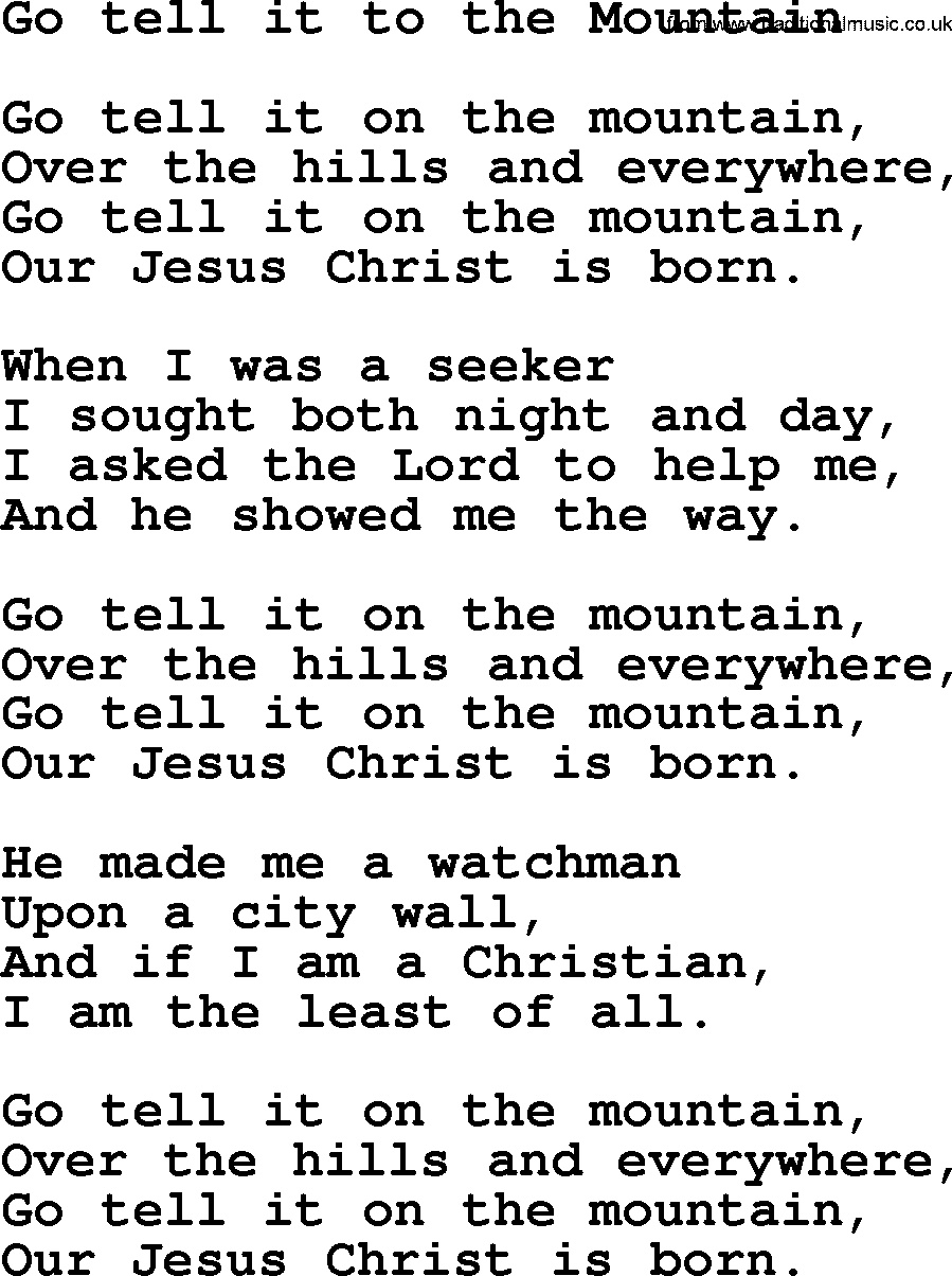 Christmas Hymns, Carols And Songs, Title: Go Tell It To The regarding Go Tell It on the Mountain Lyrics Printable