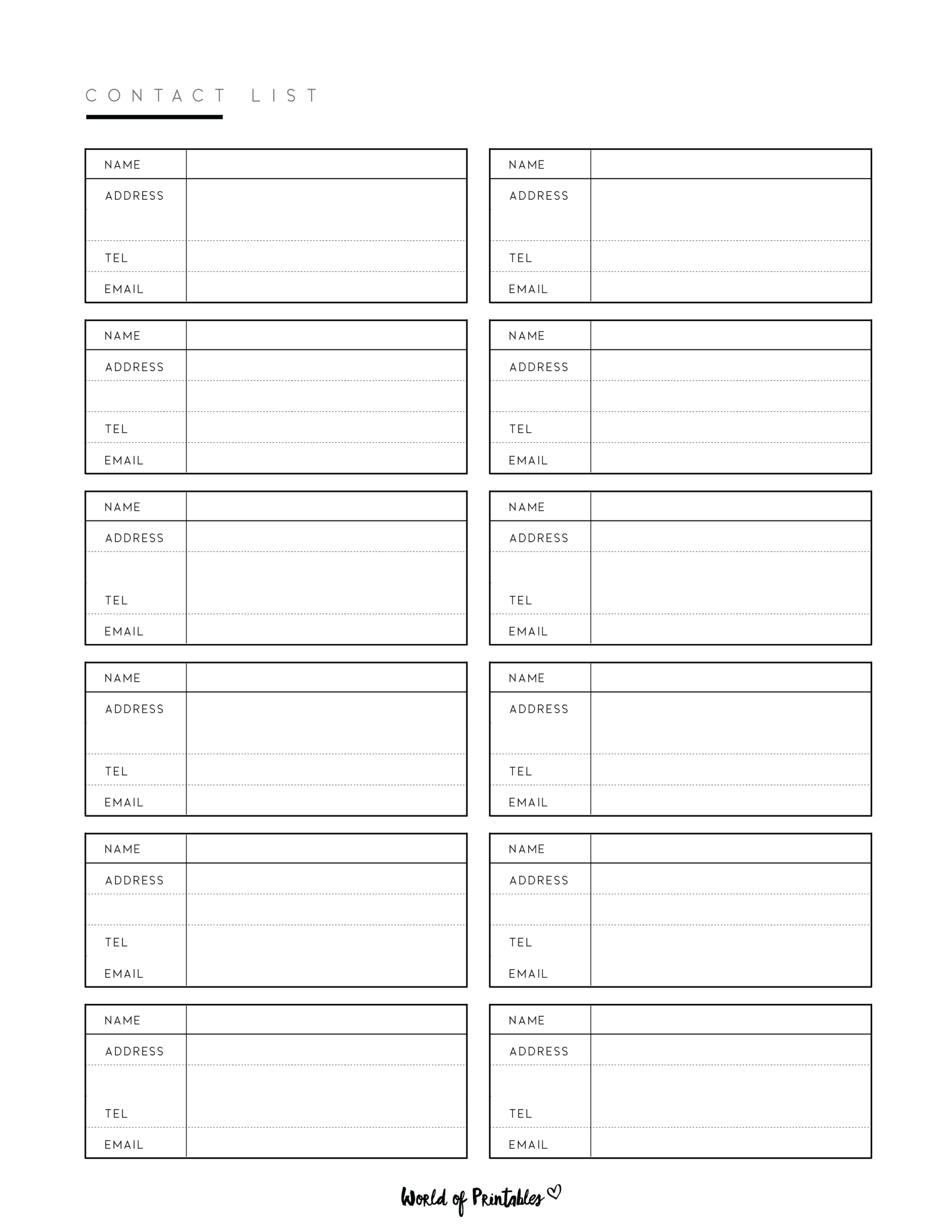 Contact List Templates - 12 Of The Best Styles - World Of Printables intended for Printable Name And Phone Number Template