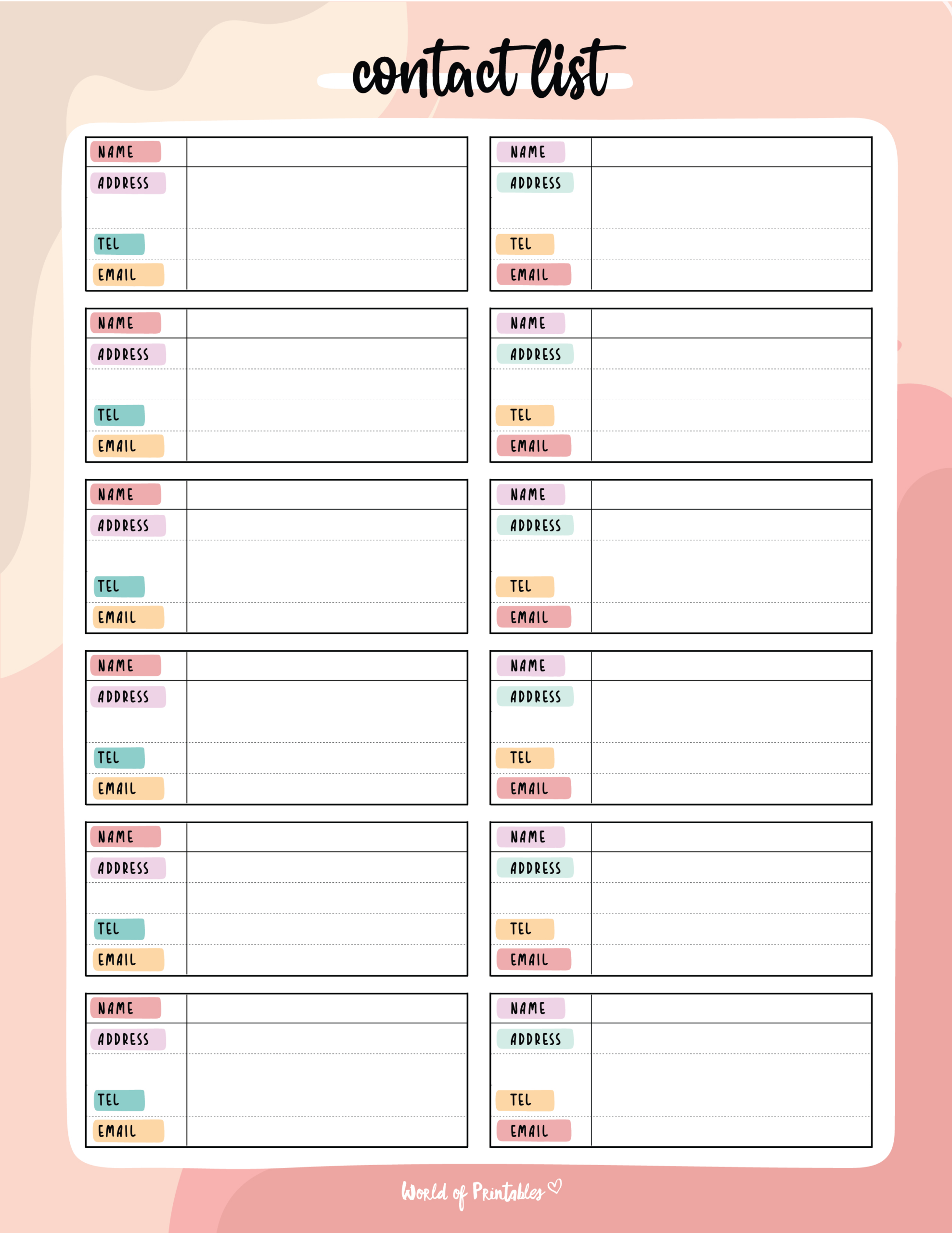 Contact List Templates - 12 Of The Best Styles - World Of Printables regarding Printable Name And Phone Number Template