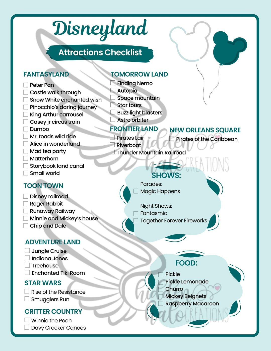 Disneyland And California Adventure Editable Ride, Attractions, Shows, Food Checklist! - Etsy intended for Printable List Of Disneyland Rides