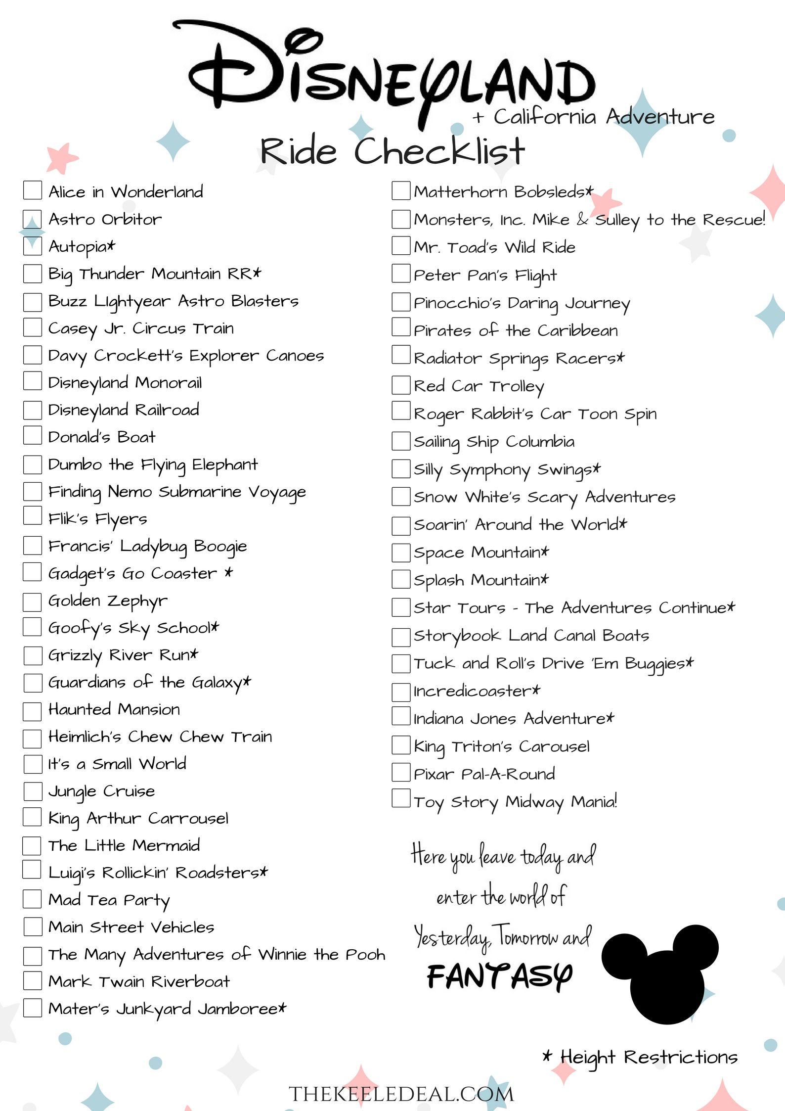 Disneyland Ride Checklist {Free Printable} - The Keele Deal for Printable List of Disneyland Rides