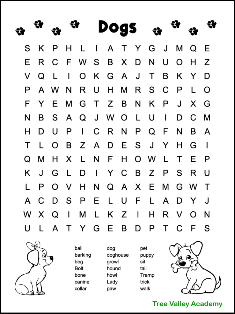 Dog Themed Word Search For Kids - Tree Valley Academy regarding Word Search For 5 Year Olds Printable