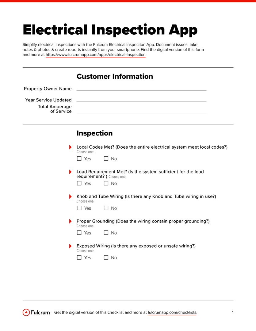 Electrical Inspection Checklist | Fulcrum for Printable Free Electrical Inspection Forms
