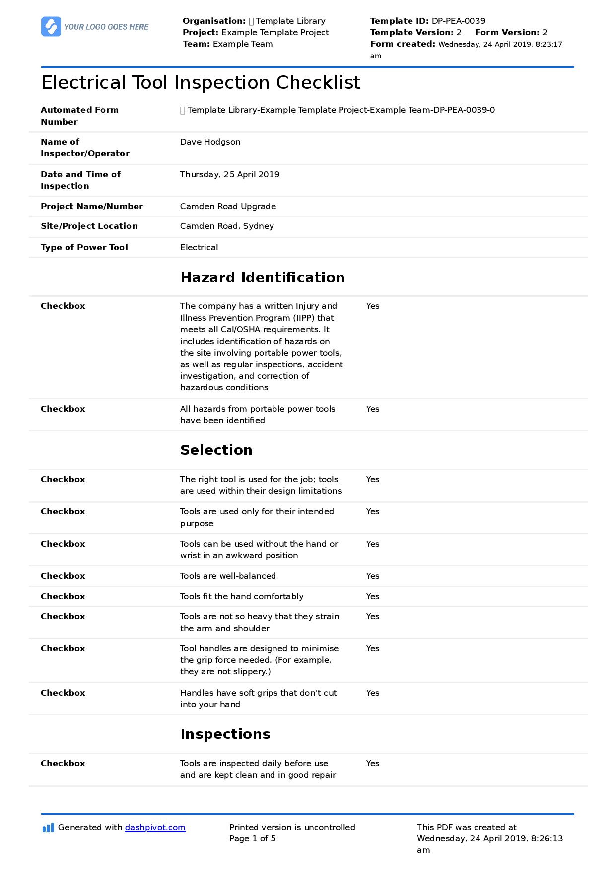 Electrical Tool Inspection Checklist (Free To Use And Customisable) with regard to Printable Free Electrical Inspection Forms