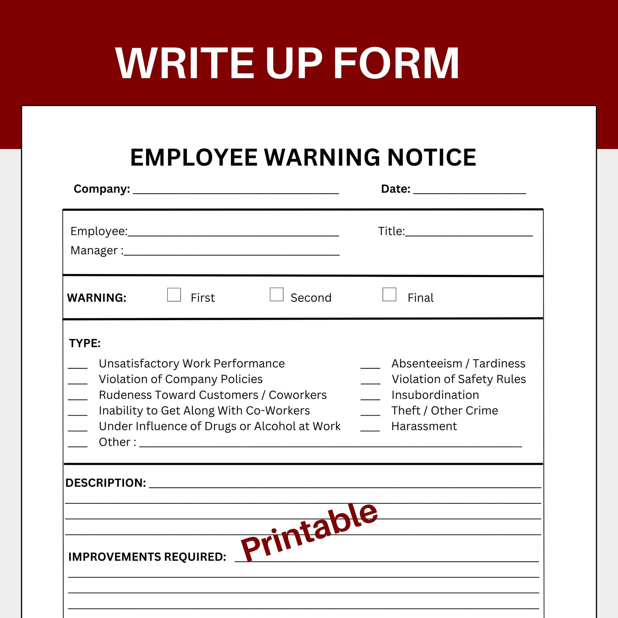 Employee Write Up Form, Staff Write Up Form, Employee Write Up within Printable Employee Write Up Form