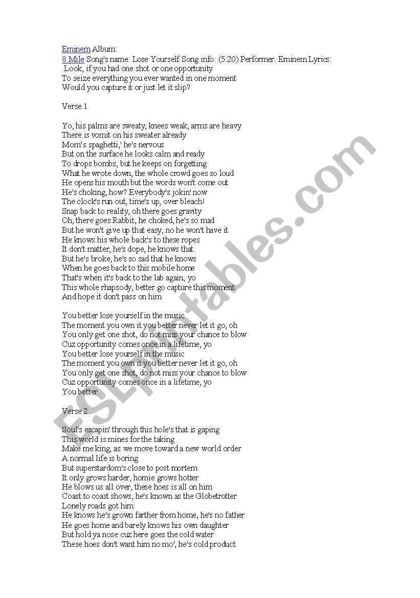English Worksheets: Lose Yourself pertaining to Eminem Lose Yourself Lyrics Clean Printable