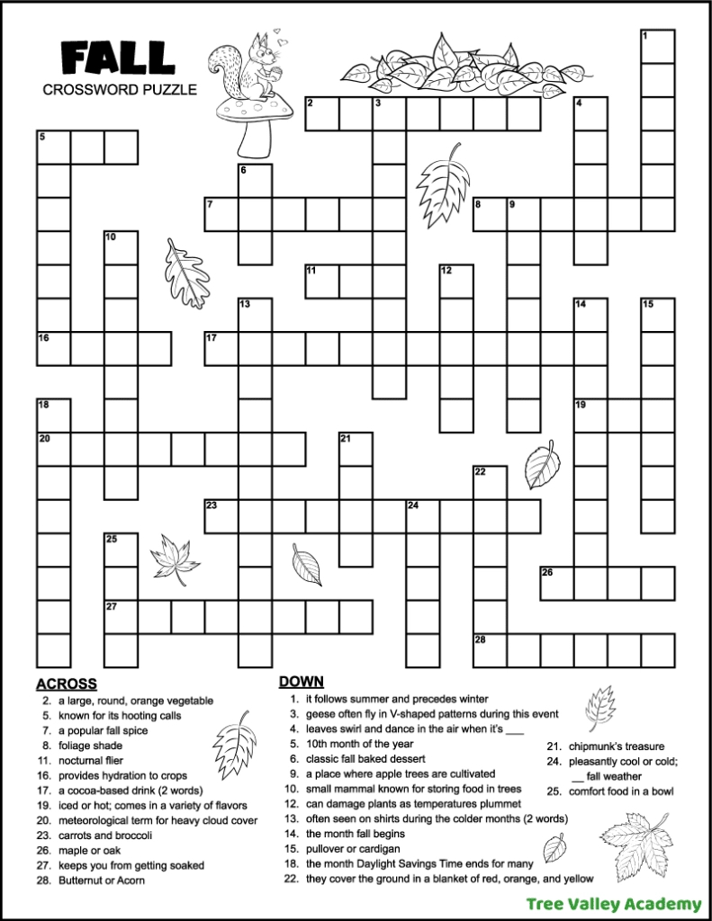 Fall Crossword Puzzle For Middle School - Tree Valley Academy with regard to Crossword Puzzles For Adults Free Printables