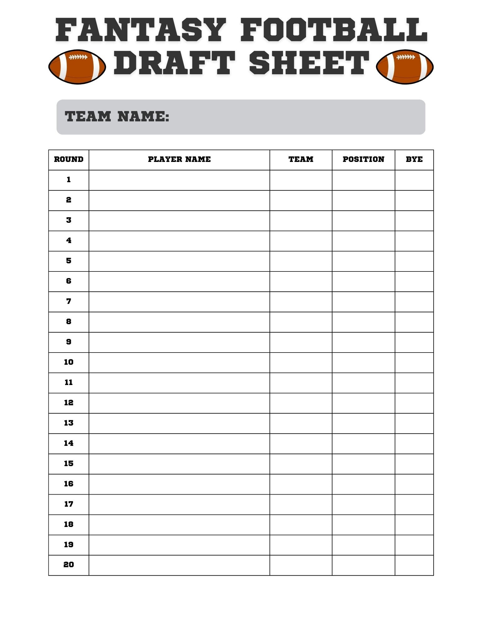Fantasy Football Draft Sheet: Druckbares Draft Day Kit (Digitaler throughout Printable Fantasy Football Draft Sheet