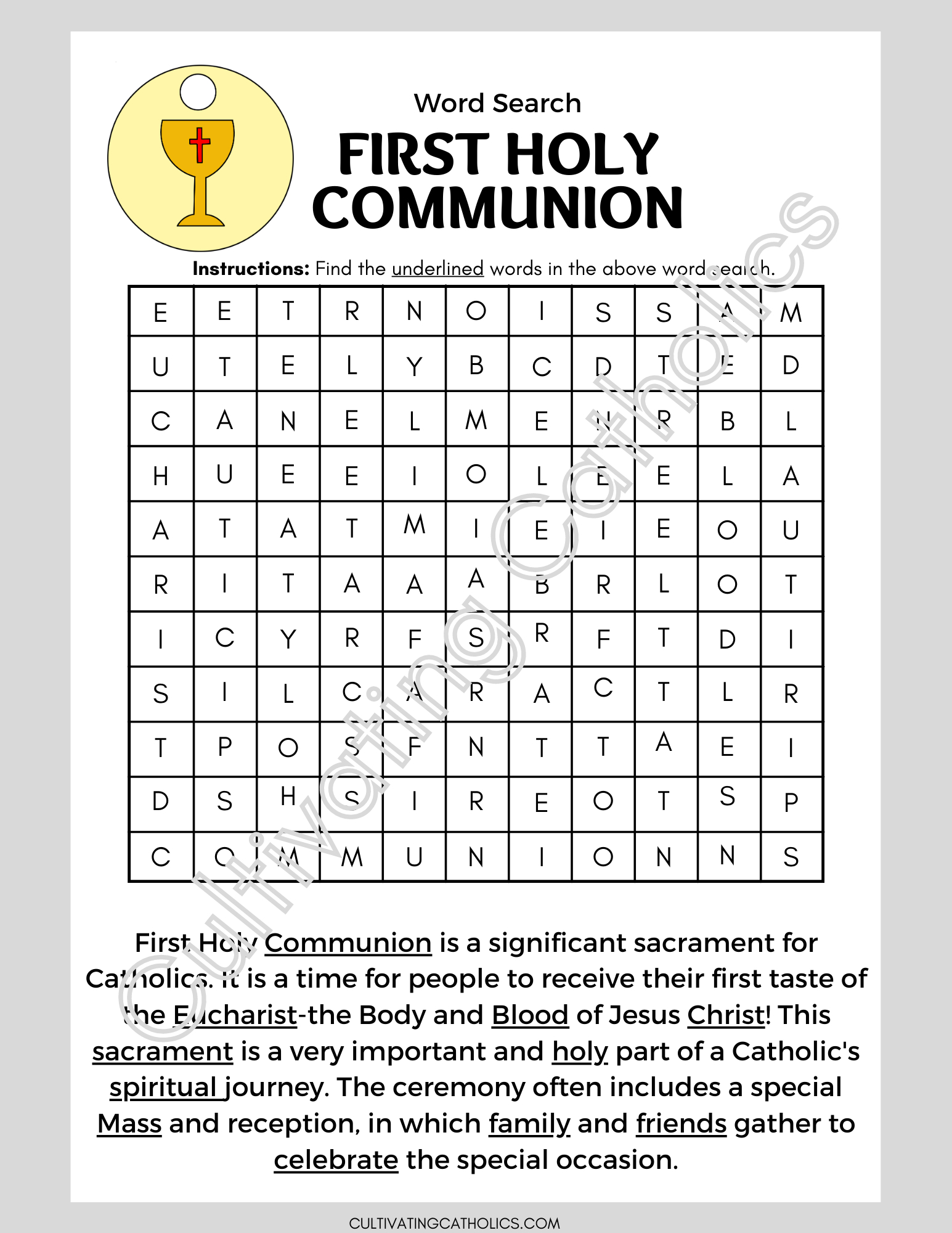 First Communion Word Search Printable with Free Printable First Communion Worksheets