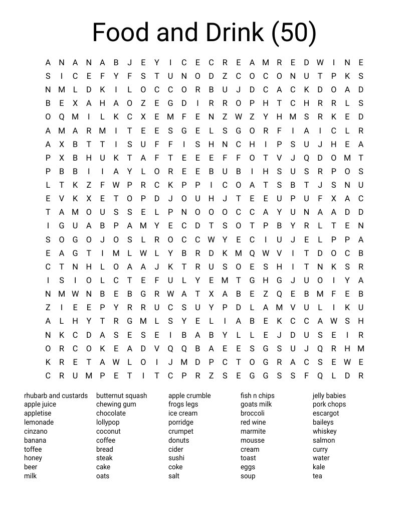 Food And Drink (50) Word Search - Wordmint pertaining to Free Word Search Printable For Adults