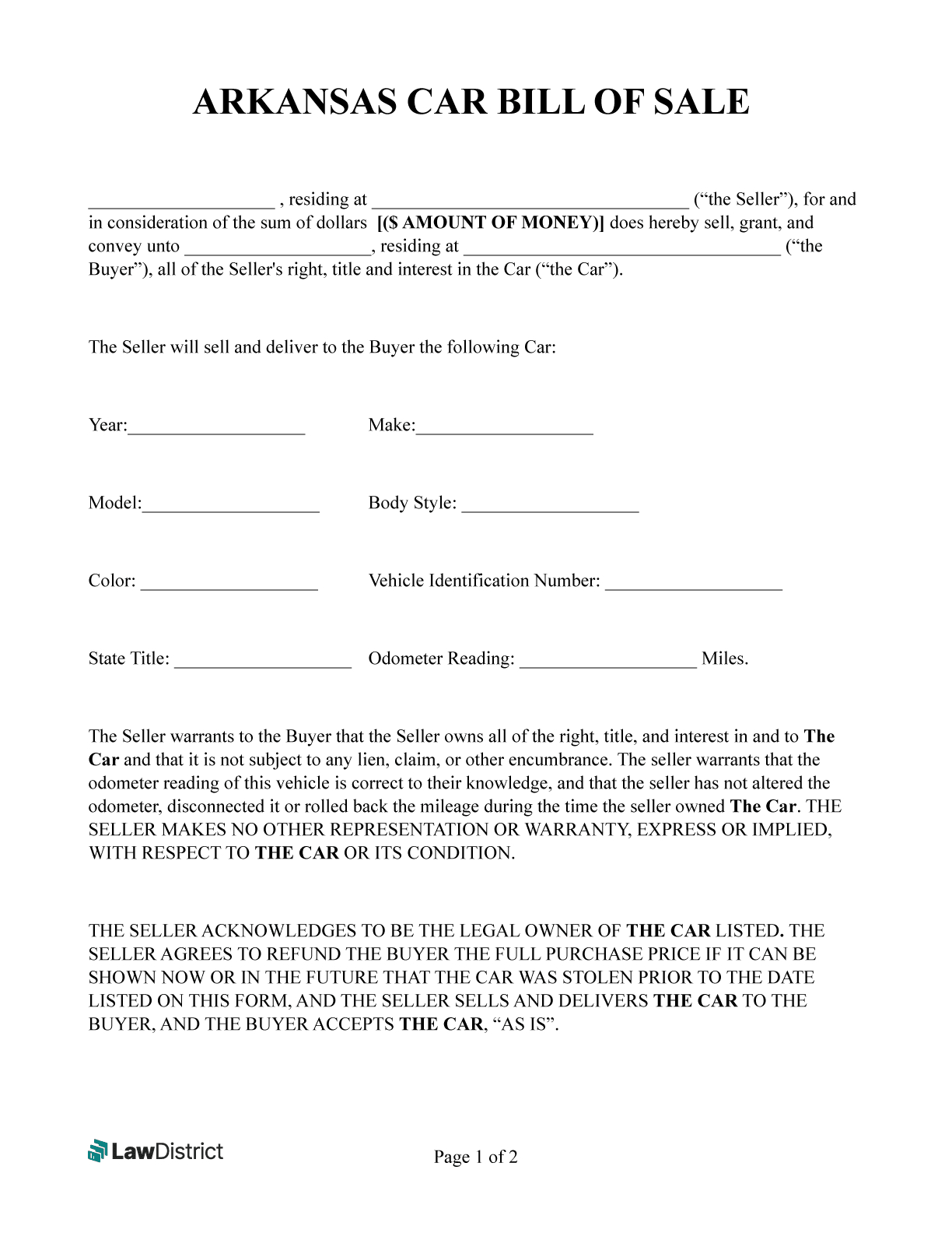 Free Arkansas Bill Of Sale | Pdf & Word | Lawdistrict regarding Printable Bill Of Sale Arkansas