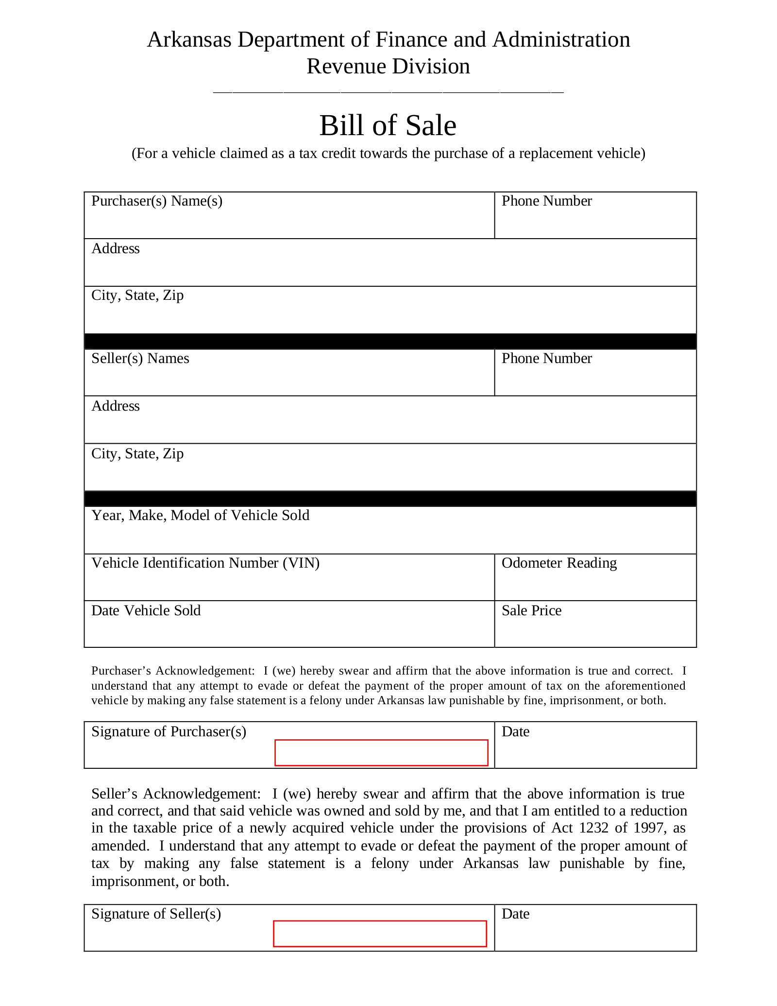 Free Arkansas Tax Credit For Replacement Vehicle Form - Pdf – Eforms in Printable Bill Of Sale Arkansas