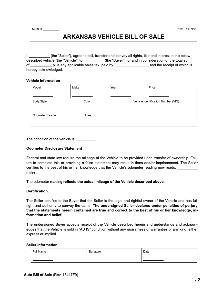 Free Arkansas Vehicle Bill Of Sale Template | Pdf & Word regarding Printable Bill Of Sale Arkansas