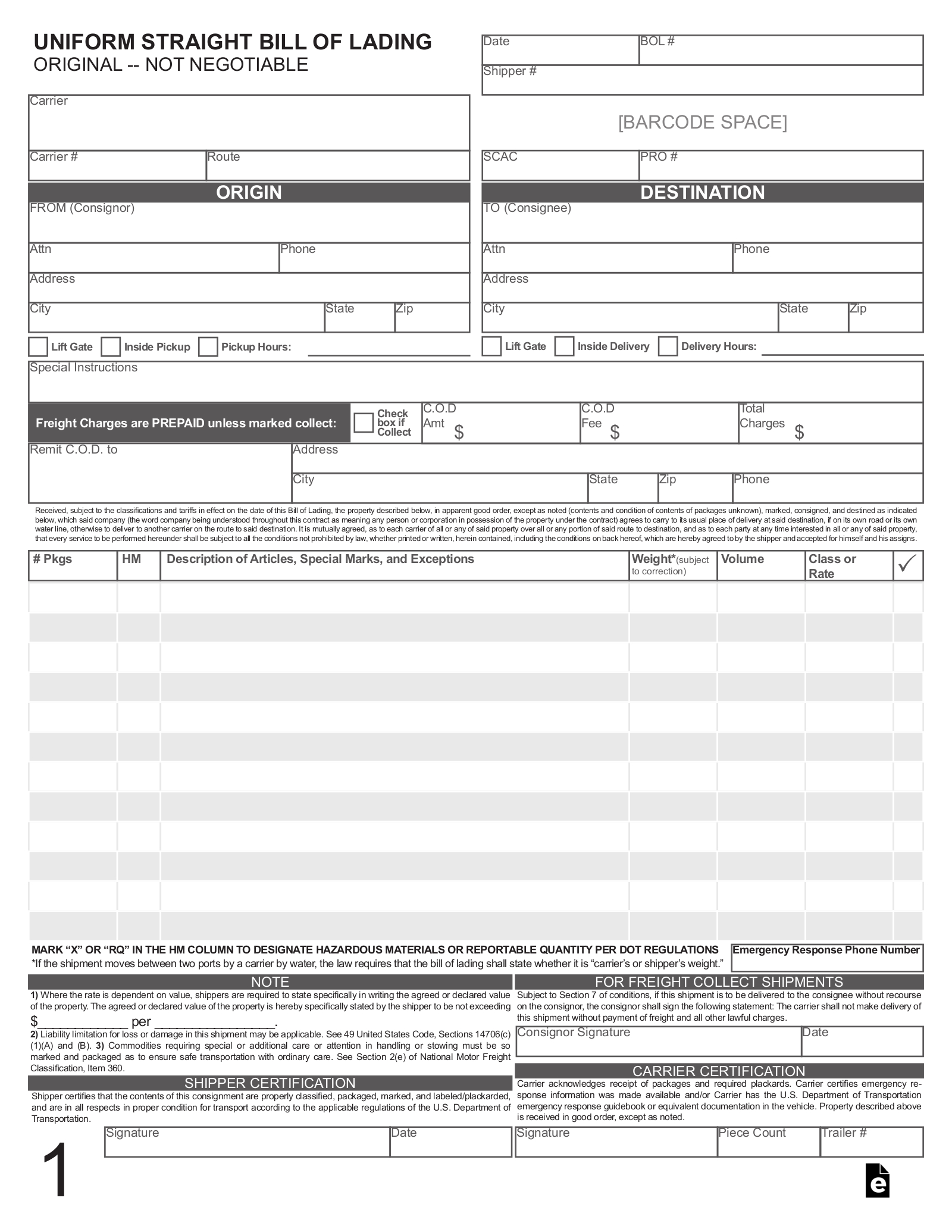 Free Bill Of Lading (Bol) - Pdf – Eforms intended for Printable Bill of Lading Form