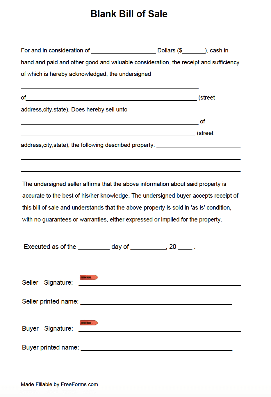 Free Blank Bill Of Sale Form | Pdf throughout Free Printable Bill of Sales
