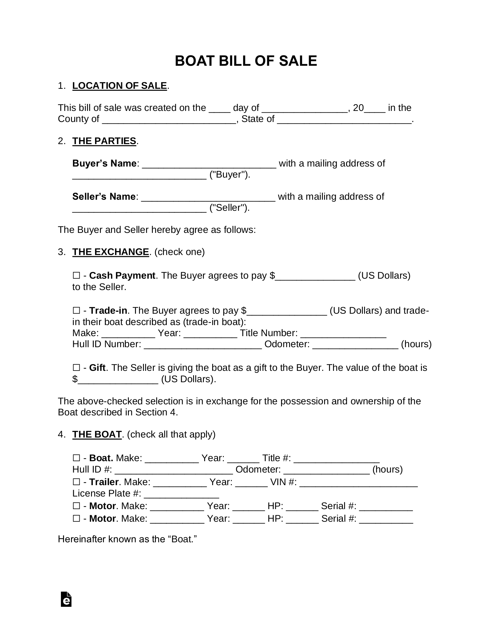 Free Boat Bill Of Sale - Pdf | Word – Eforms with regard to Printable Bill of Sale For a Boat