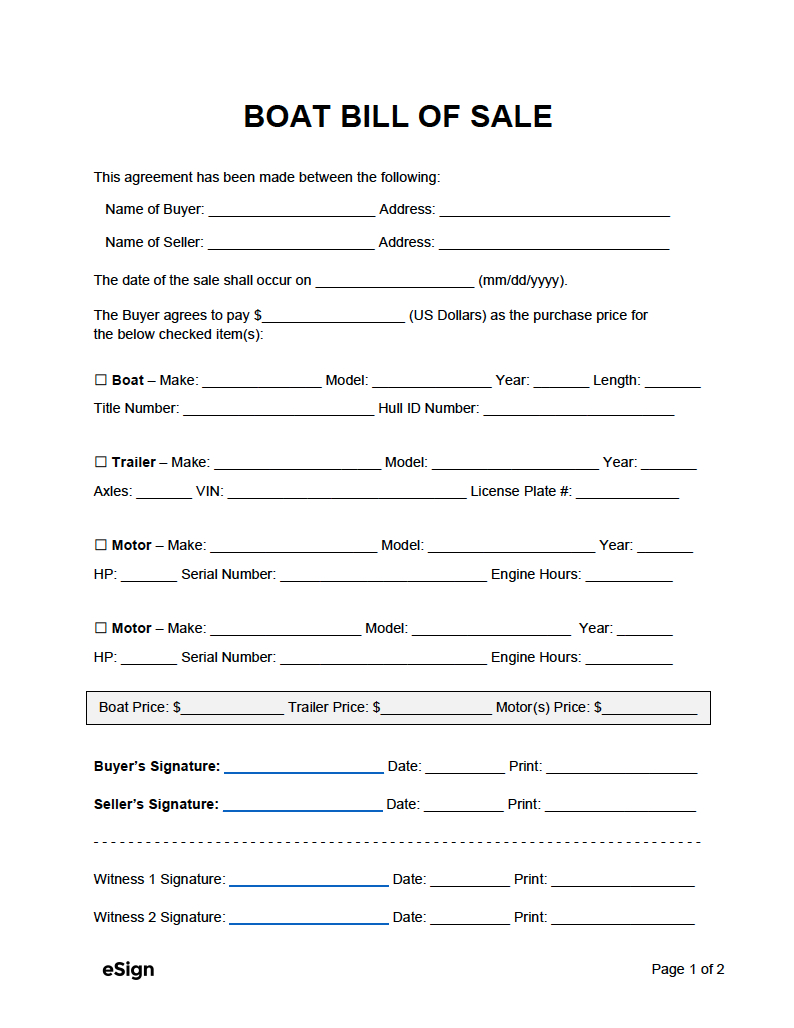 Free Boat (Vessel) Bill Of Sale Template | Pdf | Word regarding Printable Bill of Sale For a Boat
