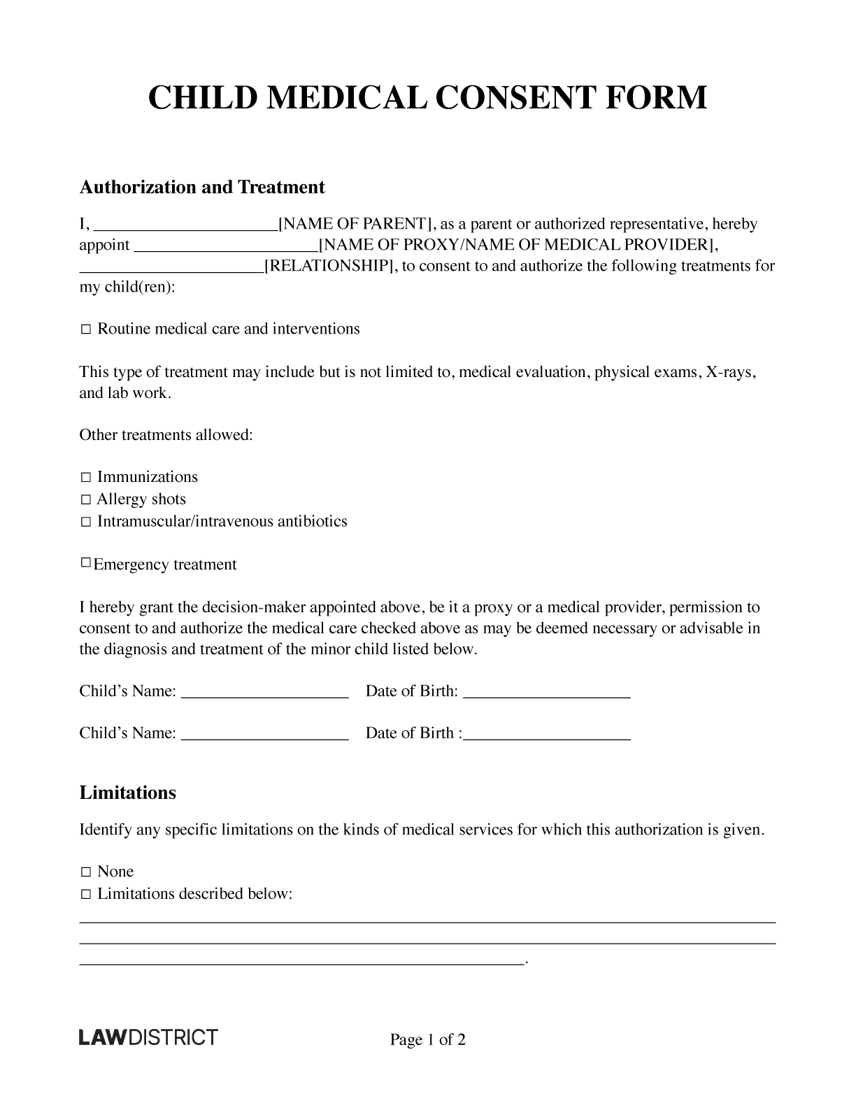 Free Child Medical Consent Form | Online Template | Lawdistrict intended for Printable Medical Consent Form For Minor