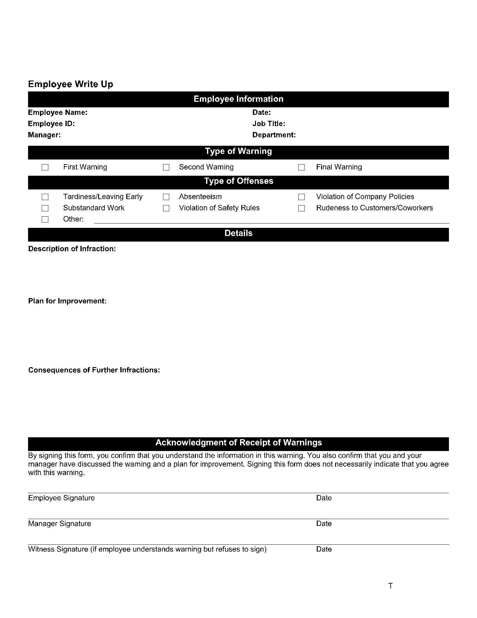 Free Employee Write-Up Forms 2021 | Pdf | Cocosign with Printable Employee Write Up Form