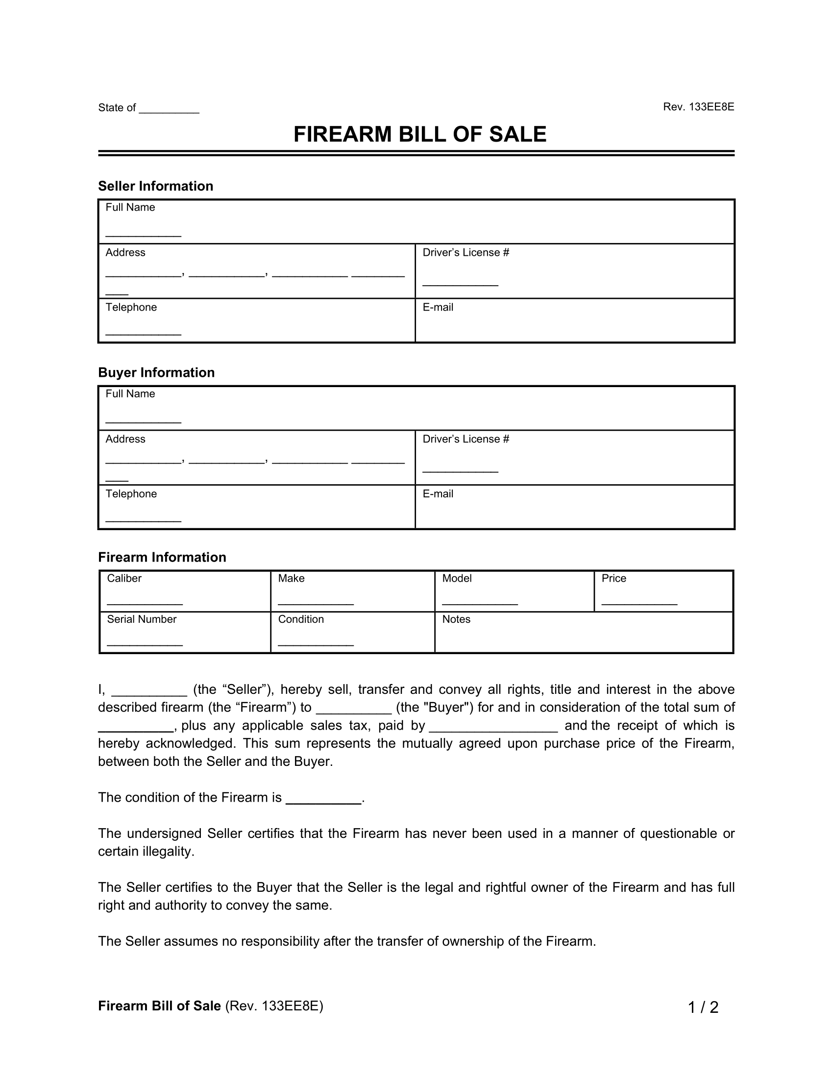 Free Firearm (Gun) Bill Of Sale Form | Legal Templates with Printable Gun Bill Of Sale