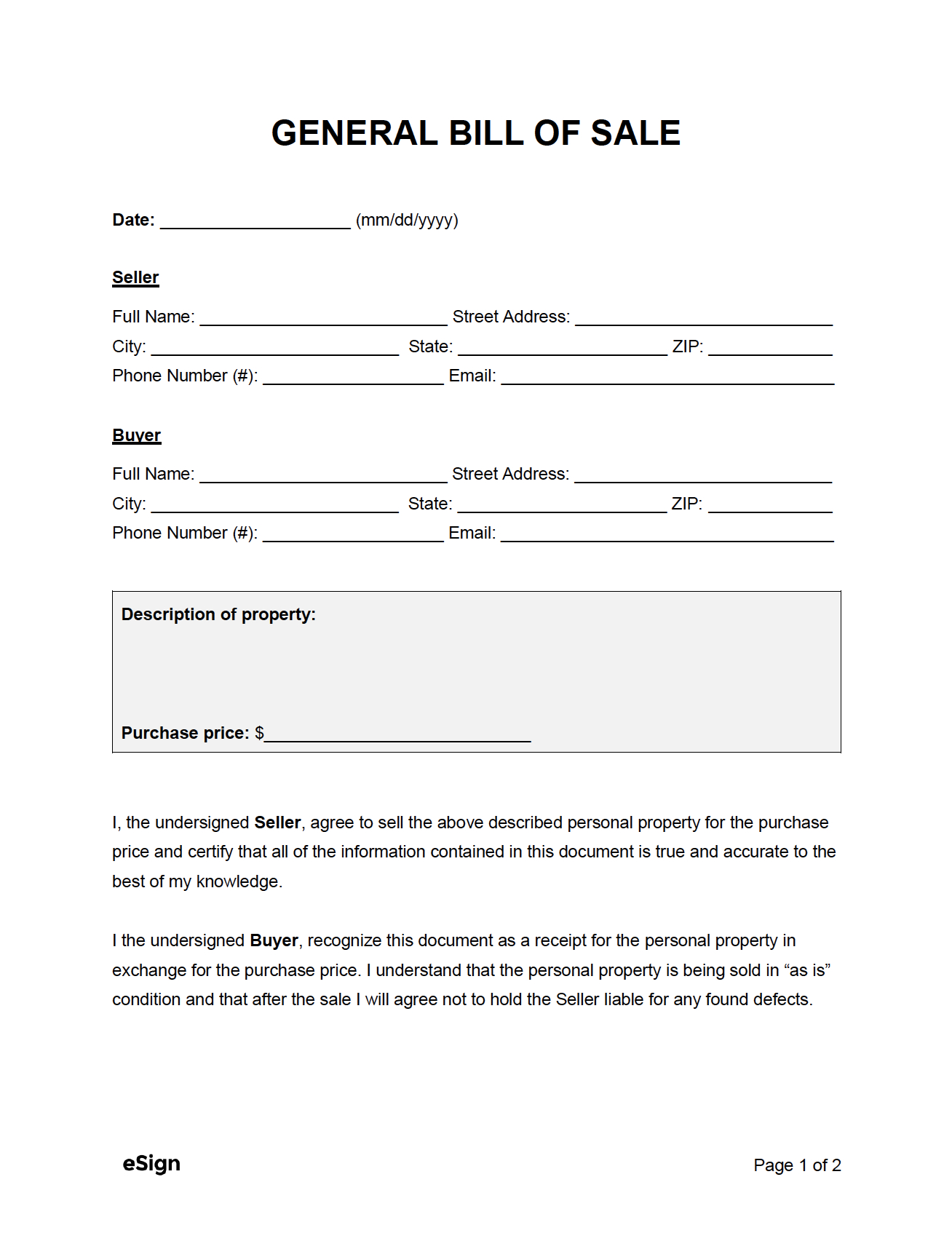Free General Bill Of Sale Form | Pdf | Word regarding Bill of Sale Template Printable