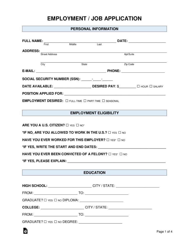 Free Job Application Forms (2) - Pdf | Word – Eforms for Job Application Form Free Printable