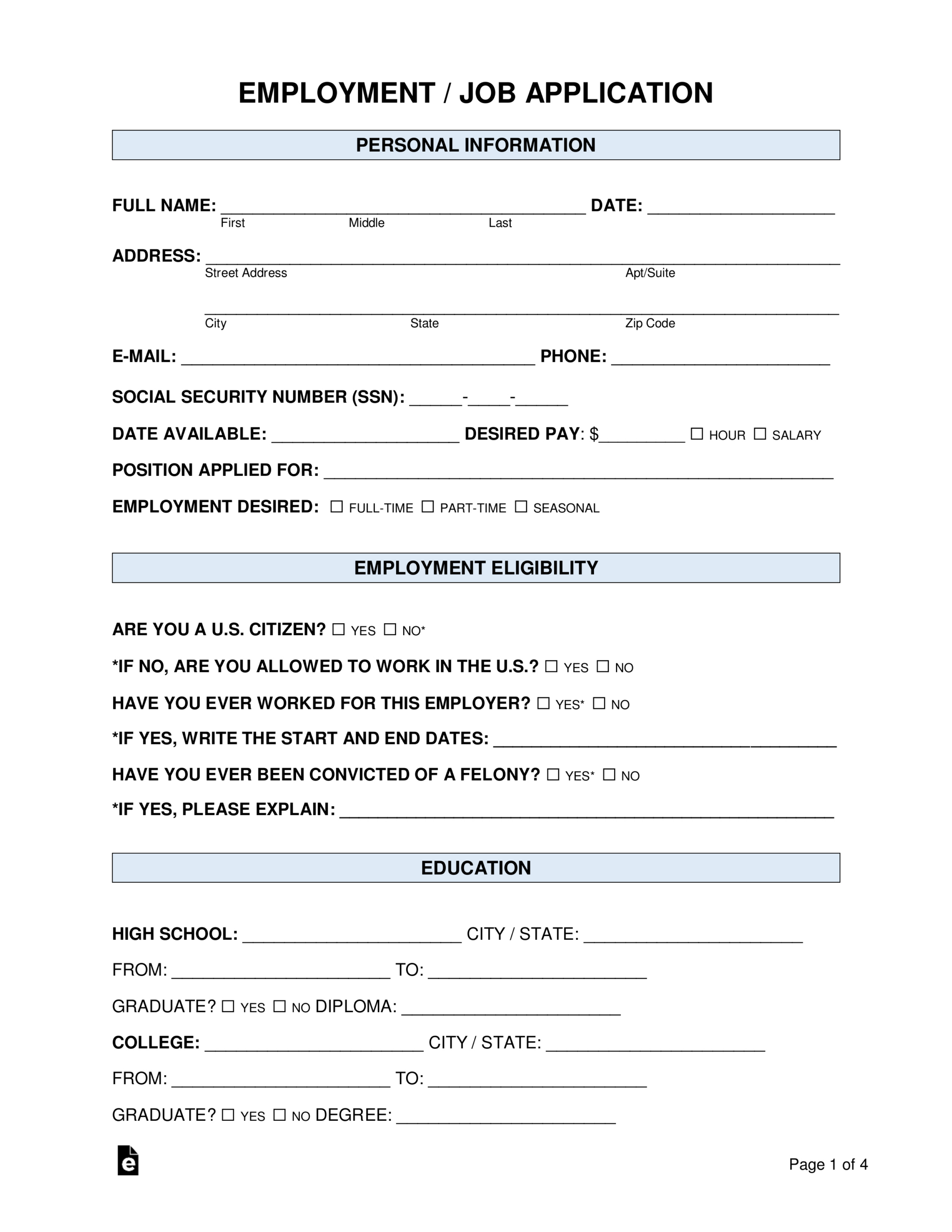 Free Job Application Forms (2) - Pdf | Word – Eforms in Job Application Template Free Printable