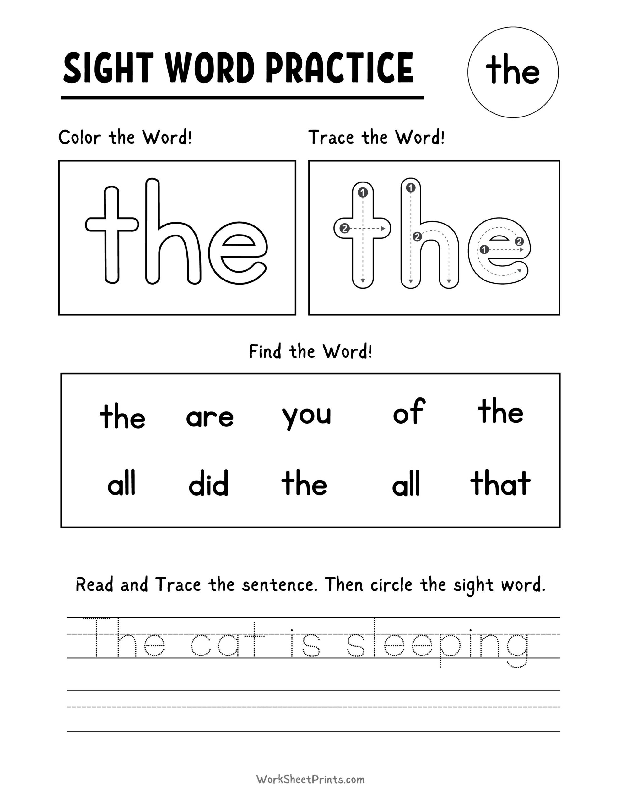 Free Kindergarten Sight Word Worksheets Printable within Free Printable Kindergarten Sight Word Worksheets
