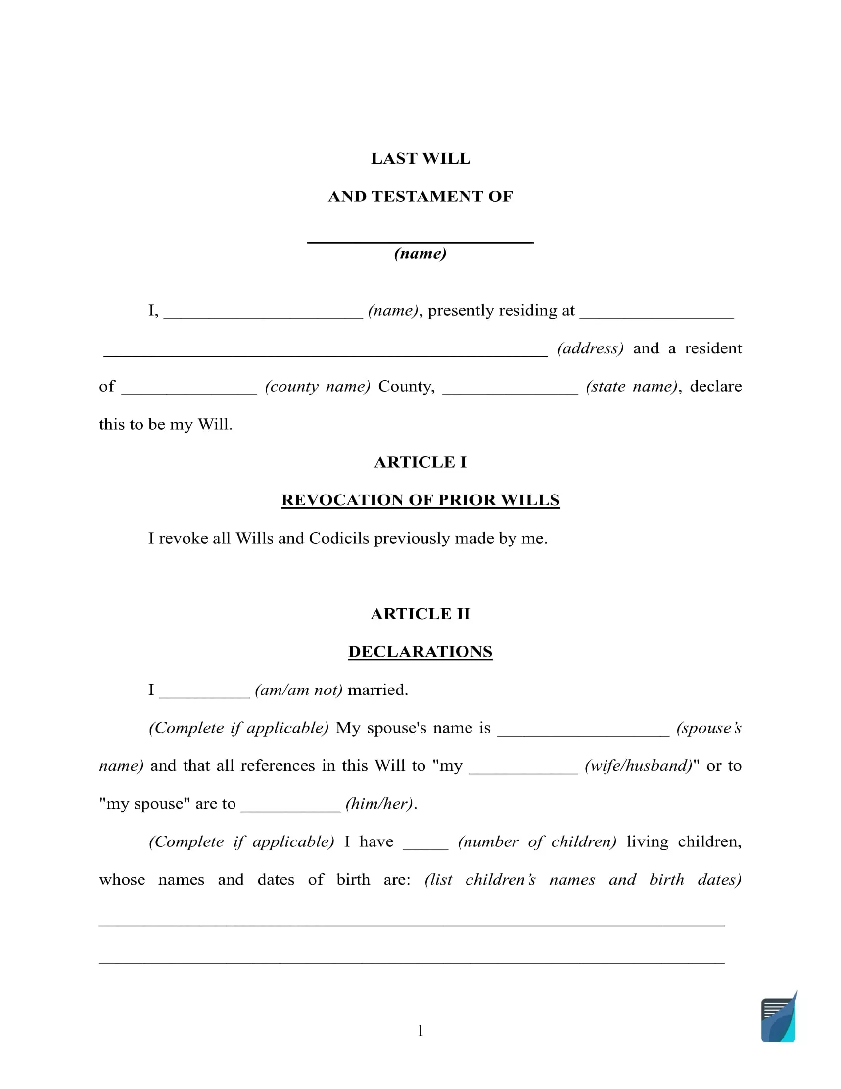 Free Last Will And Testament Template ⇒ Will Forms In Pdf And Doc regarding Printable Basic Simple Last Will and Testament