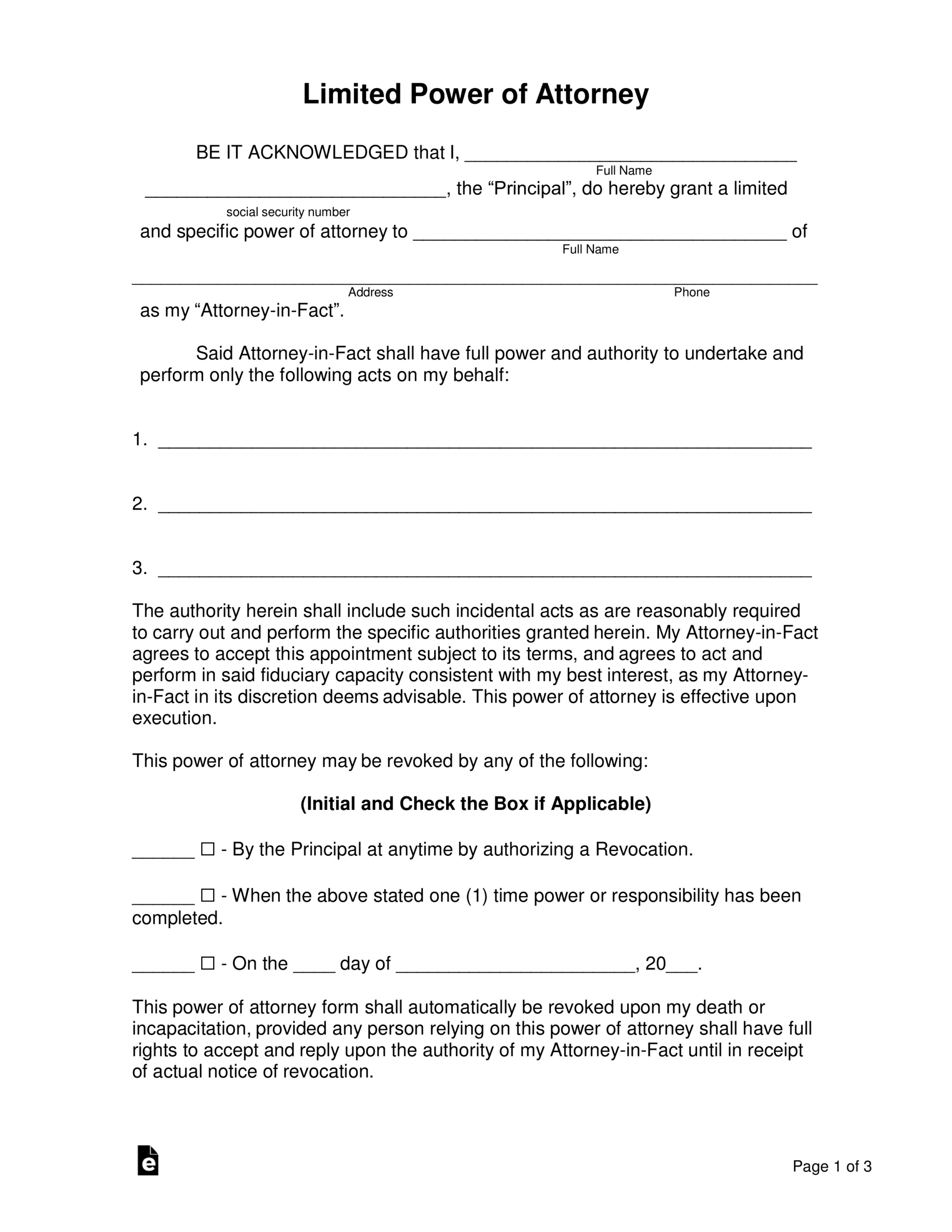 Free Limited (Special) Power Of Attorney Form - Pdf | Word – Eforms within Power of Attorney Free Printable Forms
