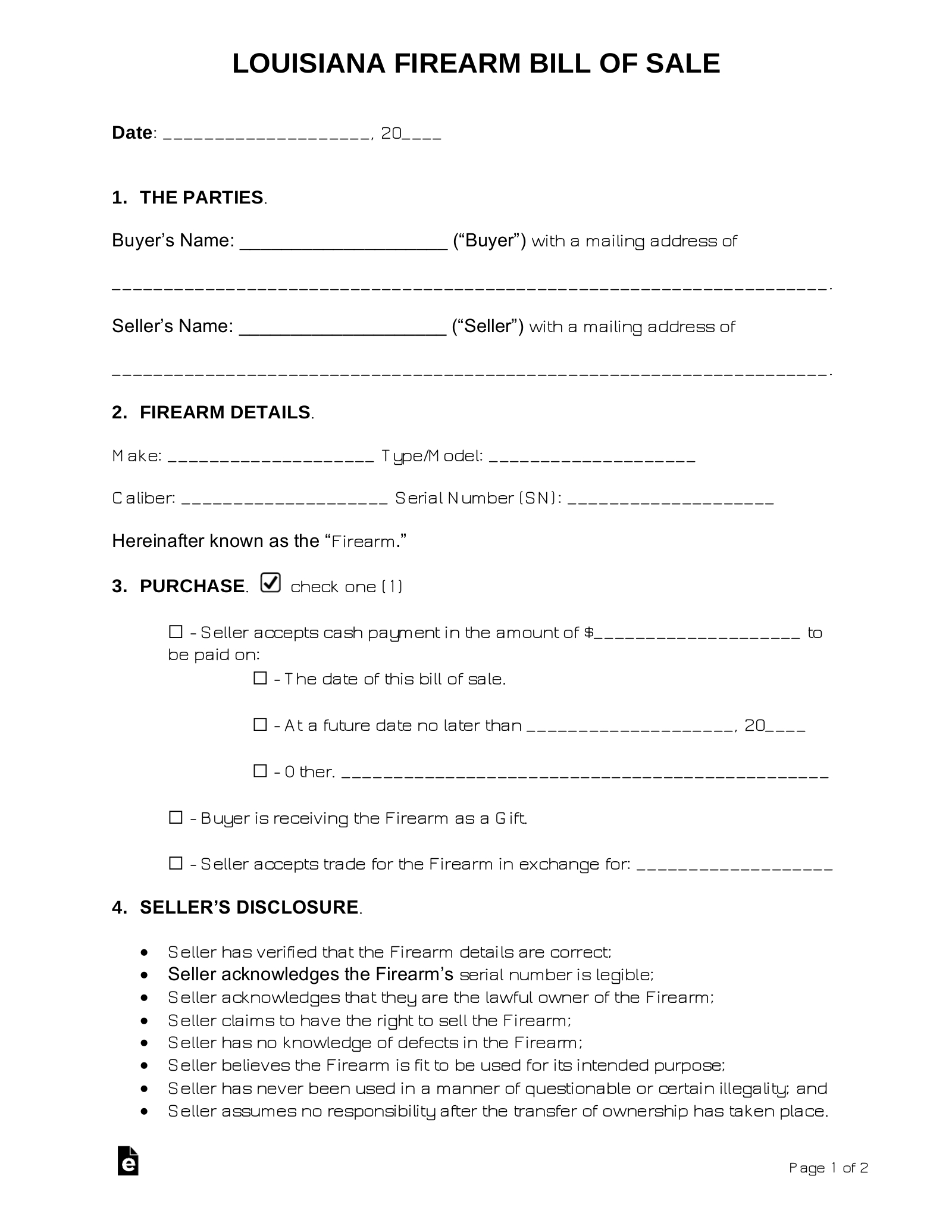Free Louisiana Firearm Bill Of Sale Template - Pdf | Word – Eforms inside Printable Gun Bill Of Sale